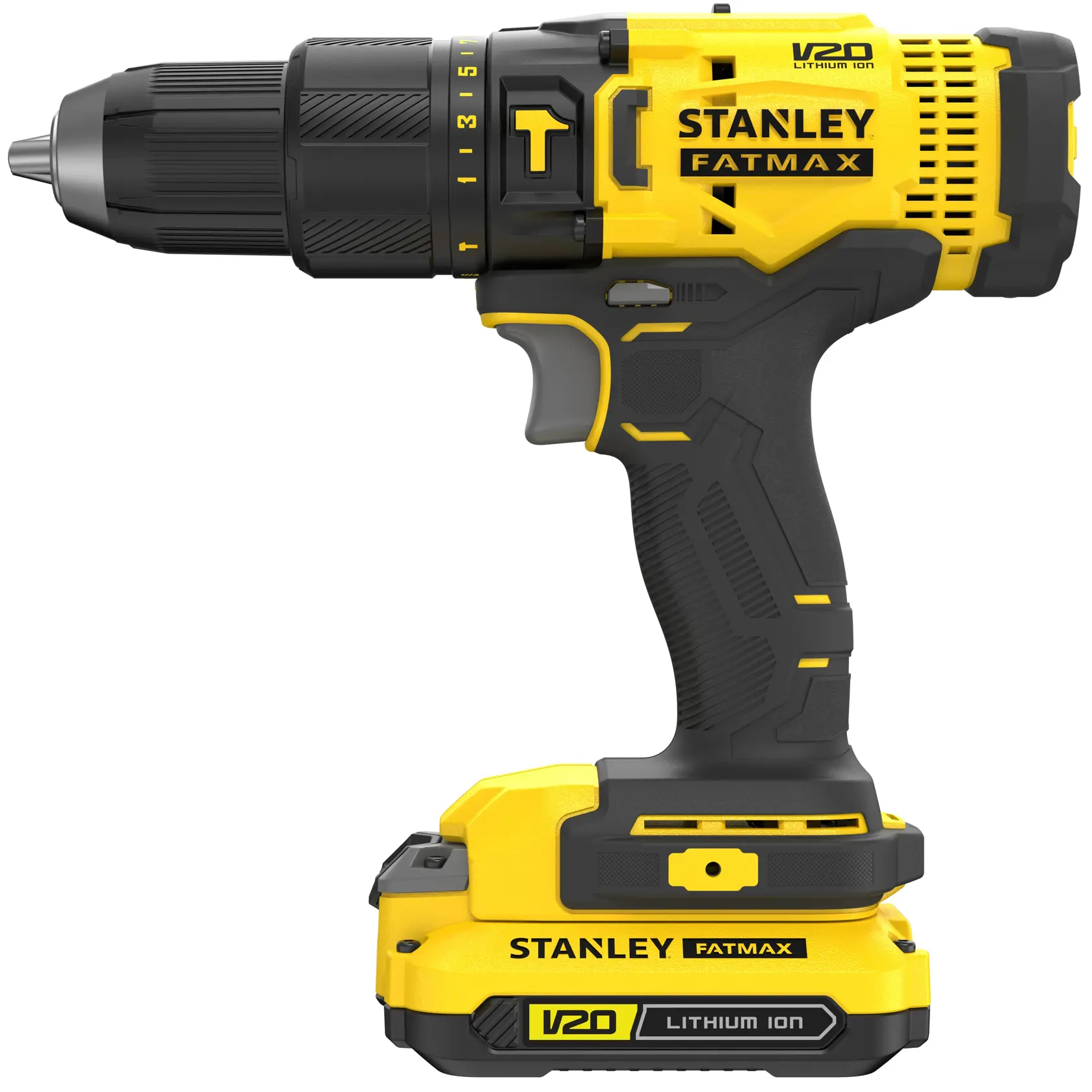 STANLEY SCD711C2K-AR taladro inalámbrico, amarillo y negro, vista lateral sobre fondo blanco, V20 Lithium Ion.