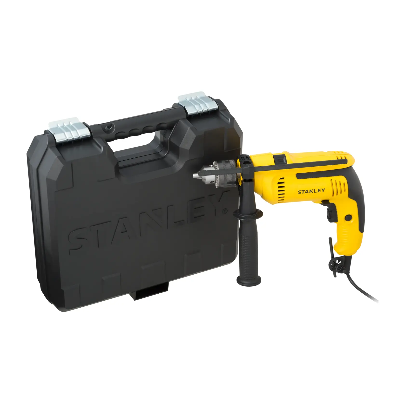 Taladro con cable amarillo STANLEY SDH700K con empuñadura lateral y estuche negro, vista frontal sobre fondo blanco.