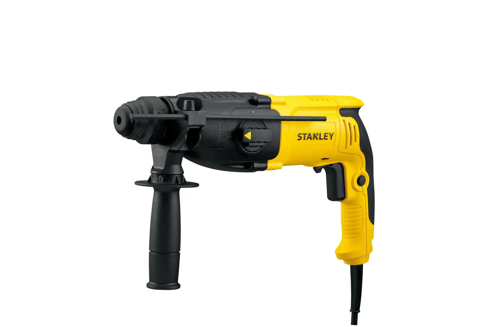 Rotomartillo STANLEY SHR263KA-BR amarillo y negro con mango lateral, vista lateral del producto sobre fondo blanco.