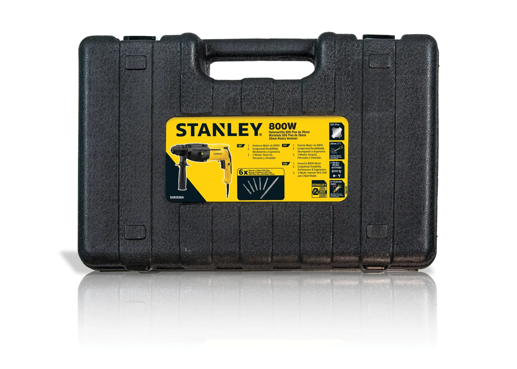 Fotografía del estuche de plástico negro STANLEY SHR263KA-BR para martillo rotativo, vista frontal con etiqueta amarilla.