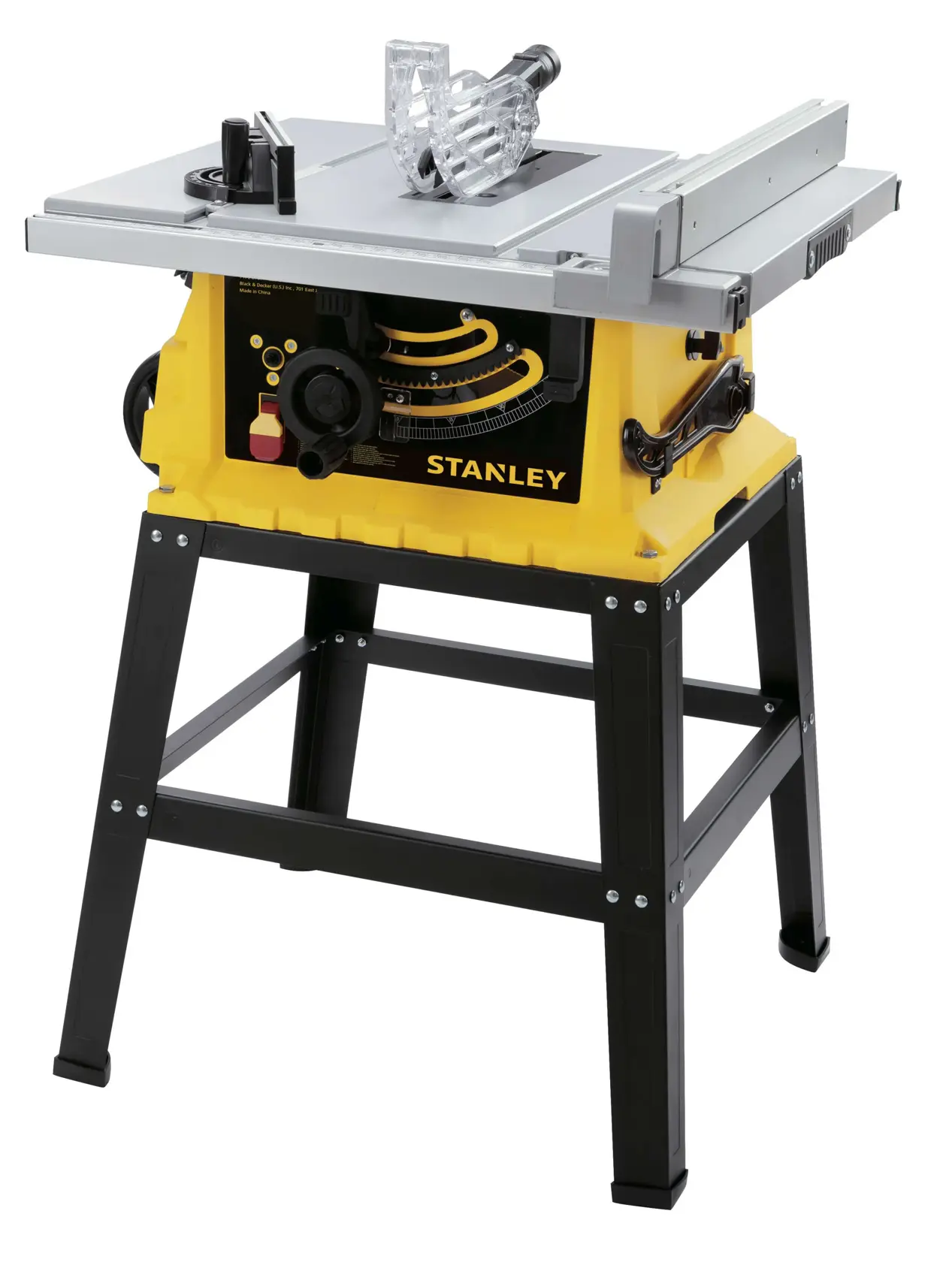 STANLEY SST1801-B3 sierra de mesa amarilla y negra sobre base, vista en ángulo derecho, con superficie metálica y protector, fotografía con fondo blanco.
