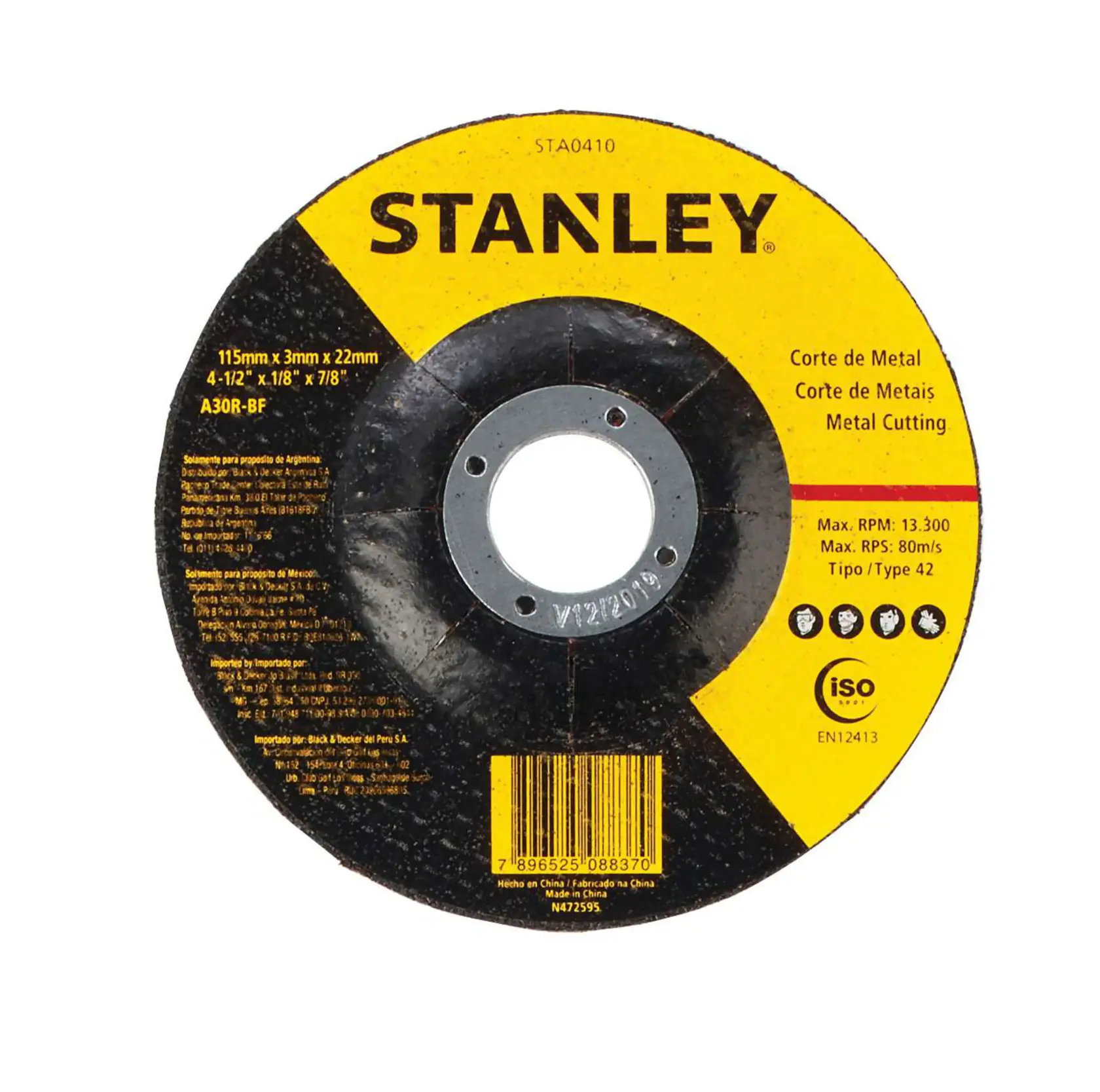 Disco de corte de metal STANLEY STA0410, 115 mm de diámetro, amarillo y negro, fotografiado de frente sobre fondo blanco.