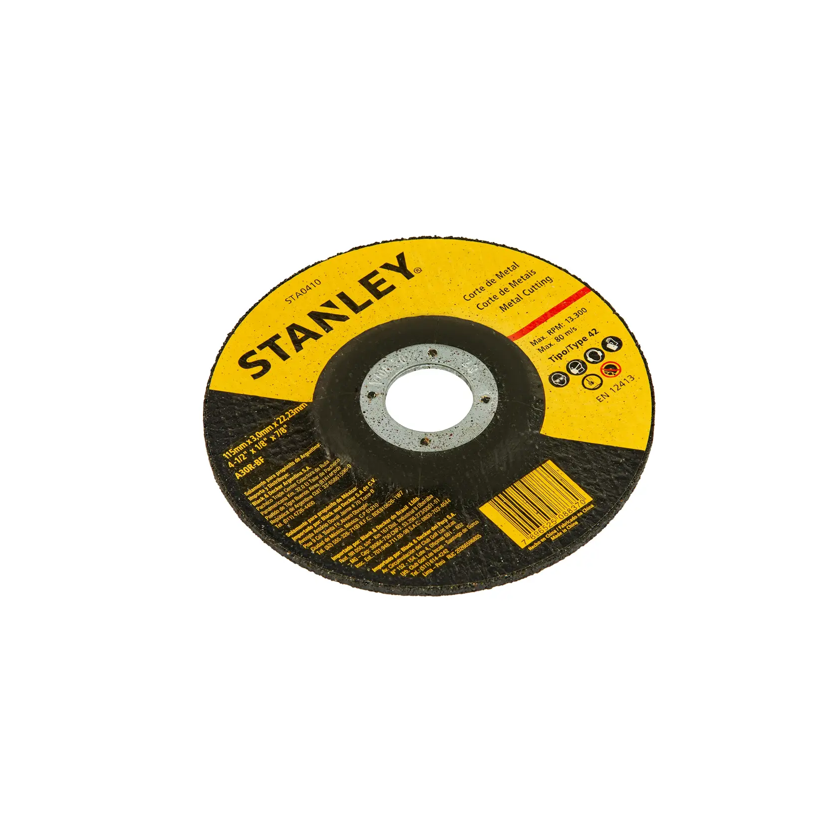 Fotografía de disco de corte de metal STANLEY STA0410, forma redonda, negro y amarillo, ángulo frontal sobre fondo blanco.