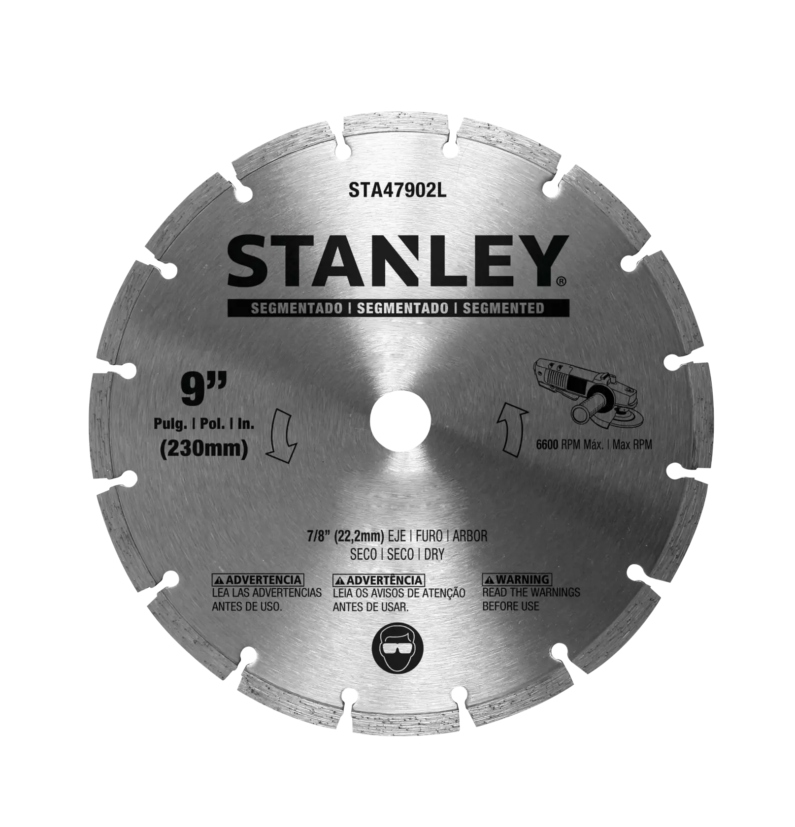 Fotografía del disco de diamante segmentado STANLEY STA47902L de 9 pulgadas, color plateado, sobre fondo blanco.