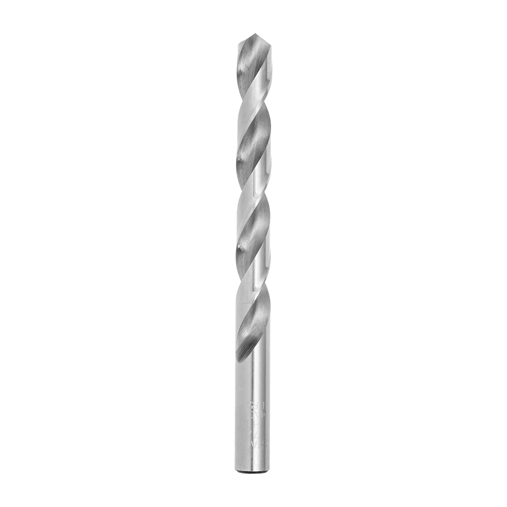 Broca helicoidal para metal STANLEY STA50716C, acabado plateado, fotografía en posición vertical sobre fondo blanco.