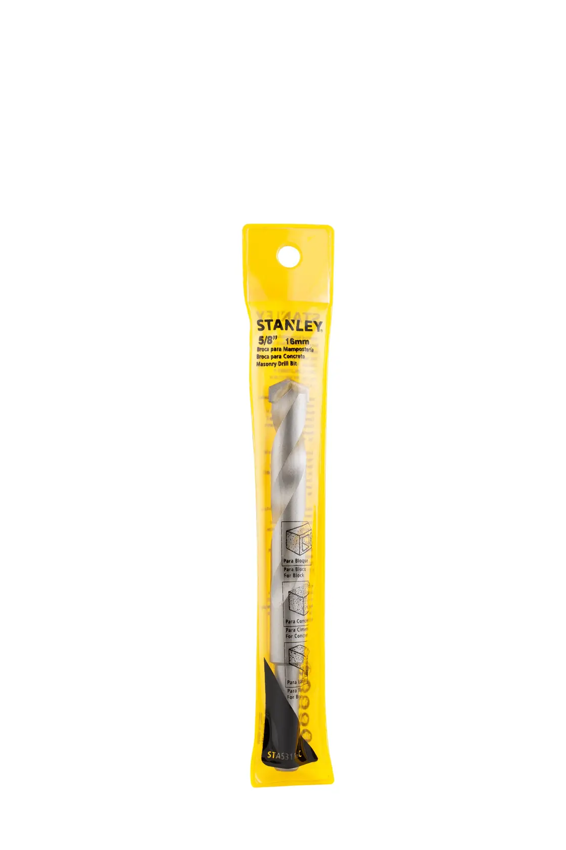 STANLEY STA53116C broca para mampostería en empaque amarillo, ángulo frontal, fotografía de producto.