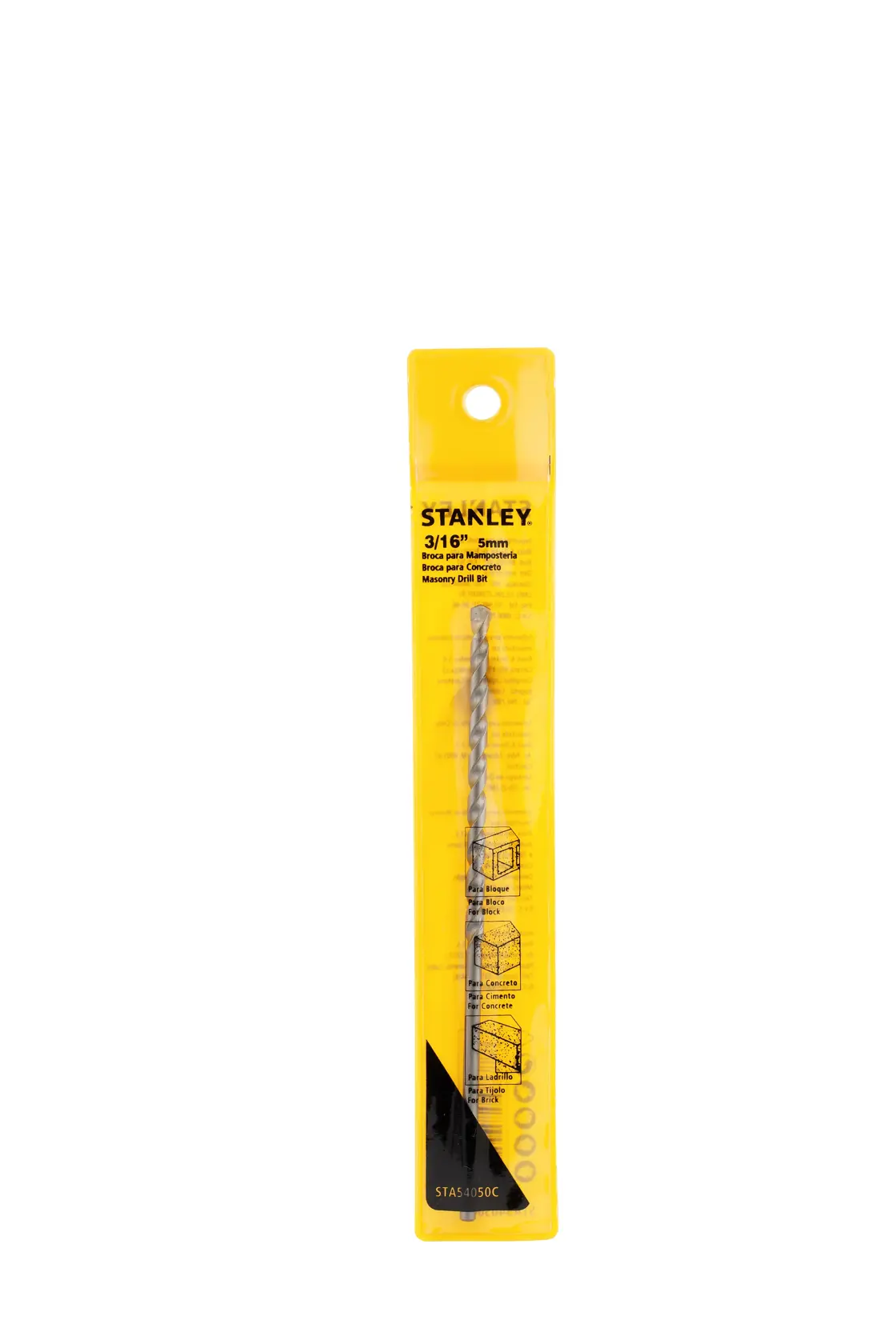 Fotografía de STANLEY STA54050C broca para mampostería en paquete amarillo, ángulo frontal, broca visible.