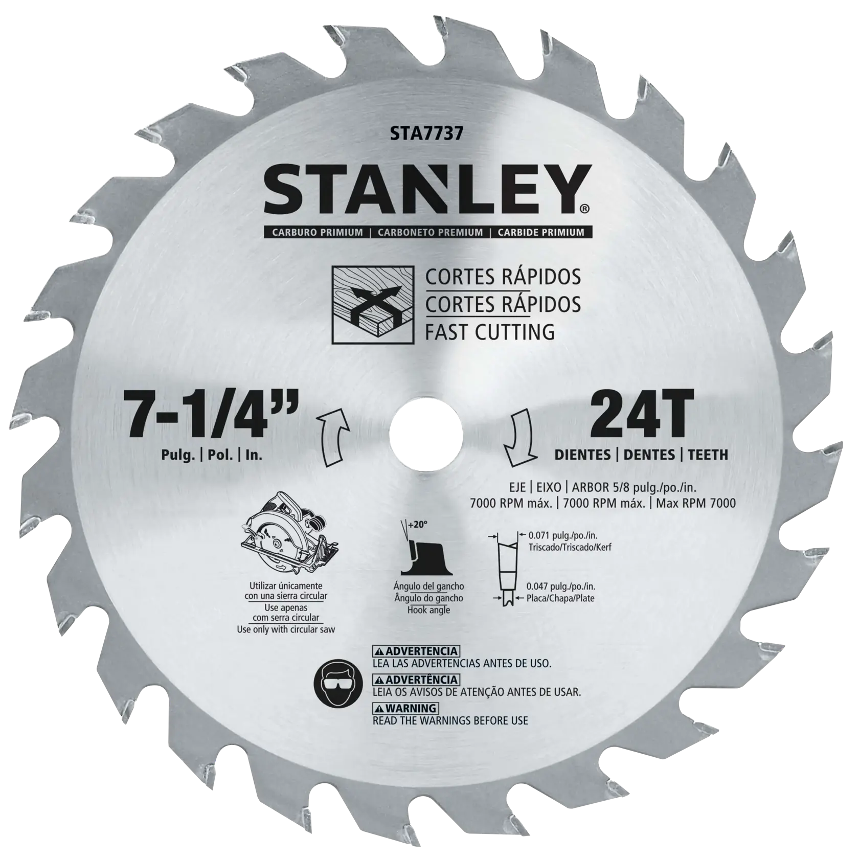 STANLEY STA7737 disco para sierra circular de 7-1/4 pulgadas 24T, plateado, dientes de carburo, corte rápido, vista frontal sobre fondo blanco.