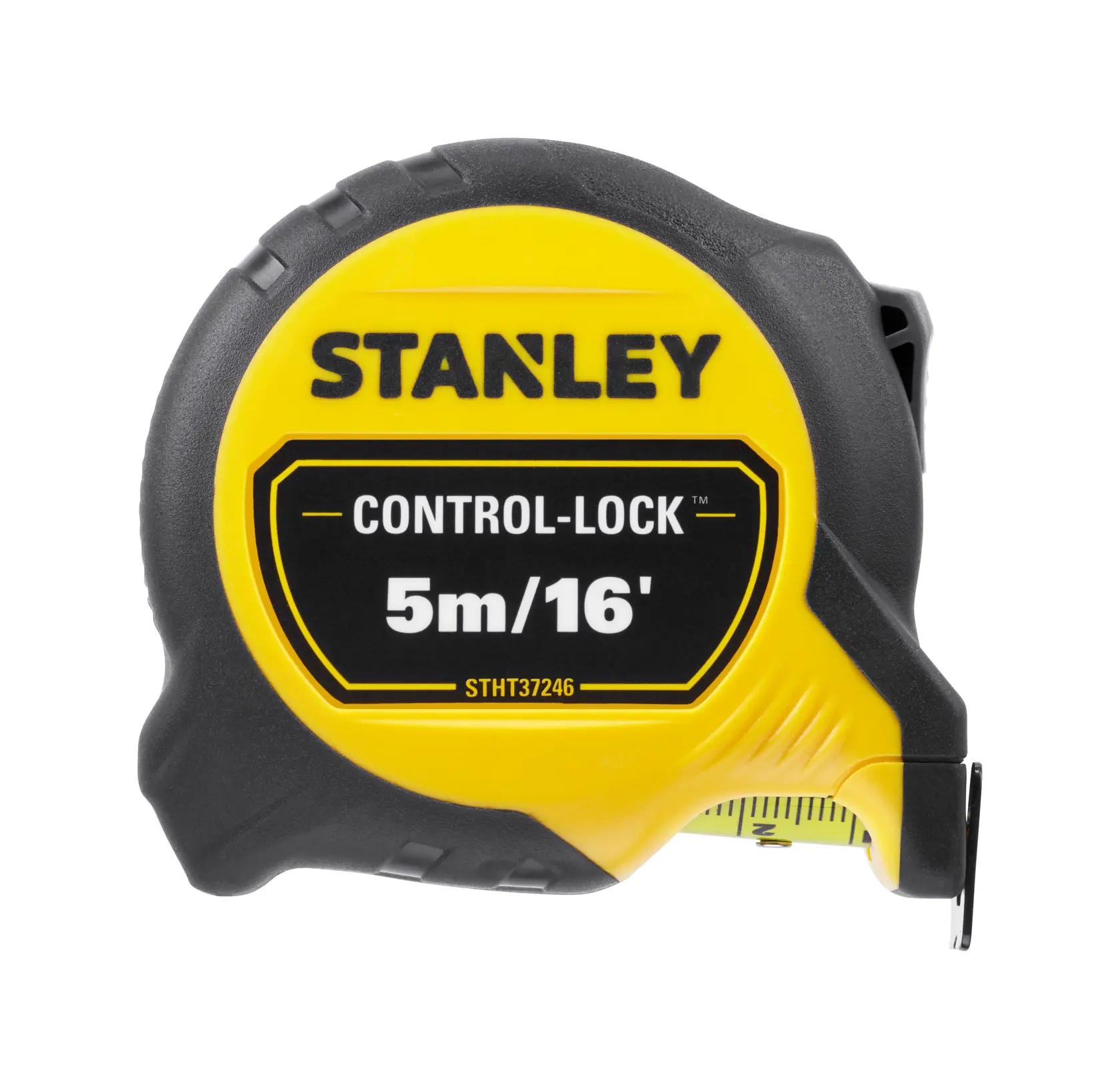 Fotografía de STANLEY STHT37246 cinta métrica Control-Lock amarillo y negro 5m/16', ángulo frontal, fotografía.