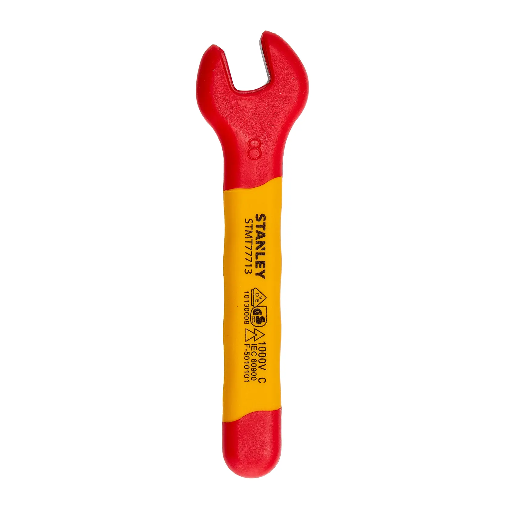 Llave fija aislada STANLEY STMT77713-LA, roja y amarilla, vista frontal sobre fondo blanco.