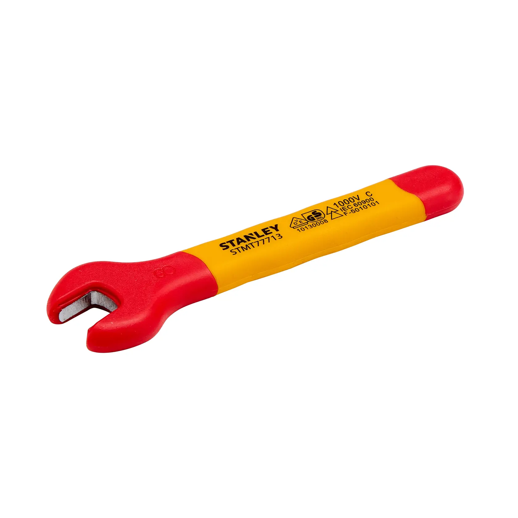 Llave de boca aislada STANLEY STMT77713-LA, mango rojo y amarillo, ángulo izquierdo sobre fondo blanco.