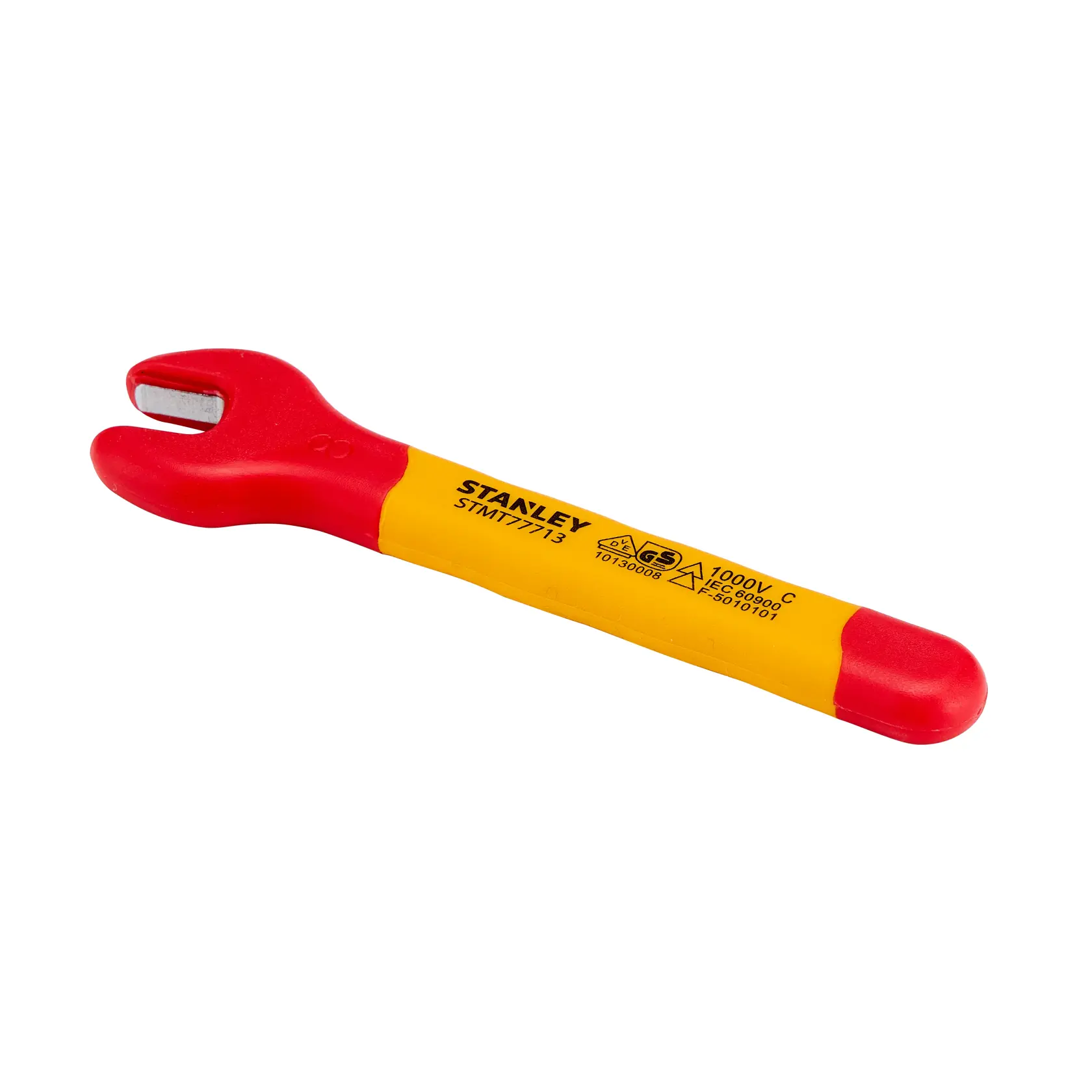 Llave de boca aislada STANLEY STMT77713-LA, mango rojo y amarillo, vista lateral sobre fondo blanco.