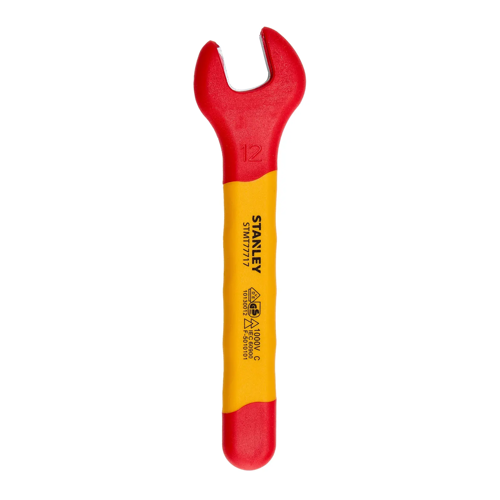 Llave de boca aislada Stanley STMT77717-LA, roja y amarilla, vista superior sobre fondo blanco.