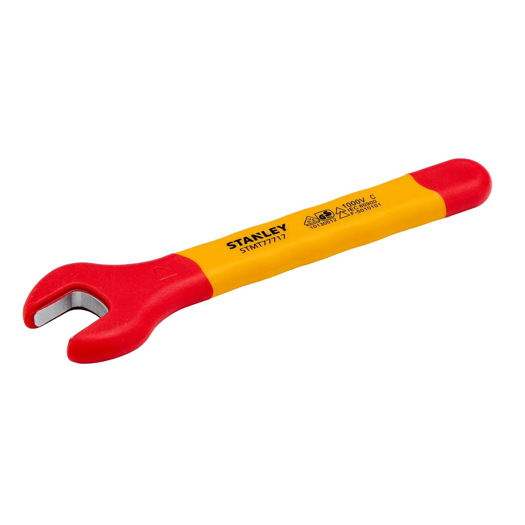 Llave de boca aislada STANLEY STMT77717-LA, mango rojo y amarillo, vista frontal, fondo blanco.