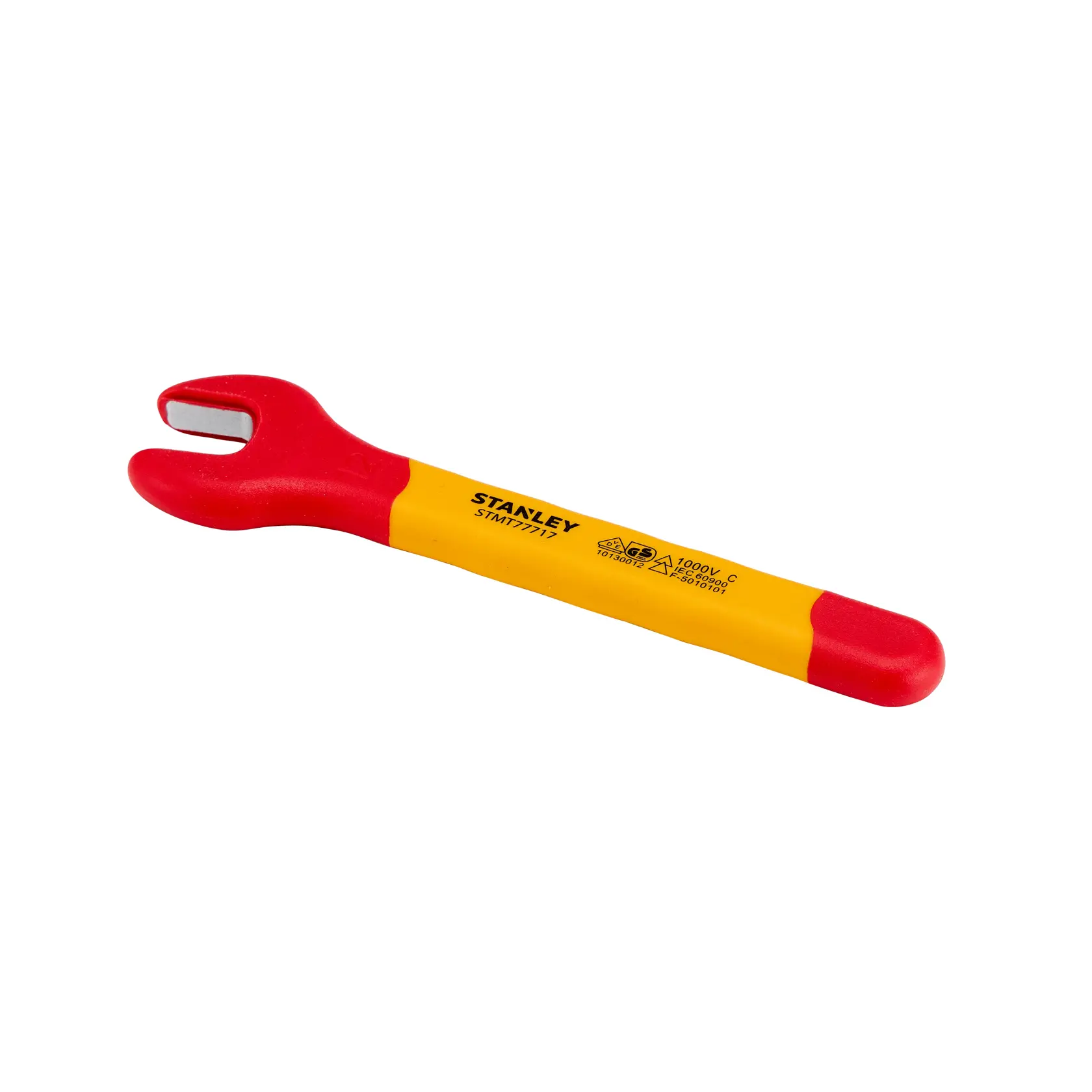 Llave fija aislada STANLEY STMT77717-LA con mango rojo y amarillo, vista lateral sobre fondo blanco.