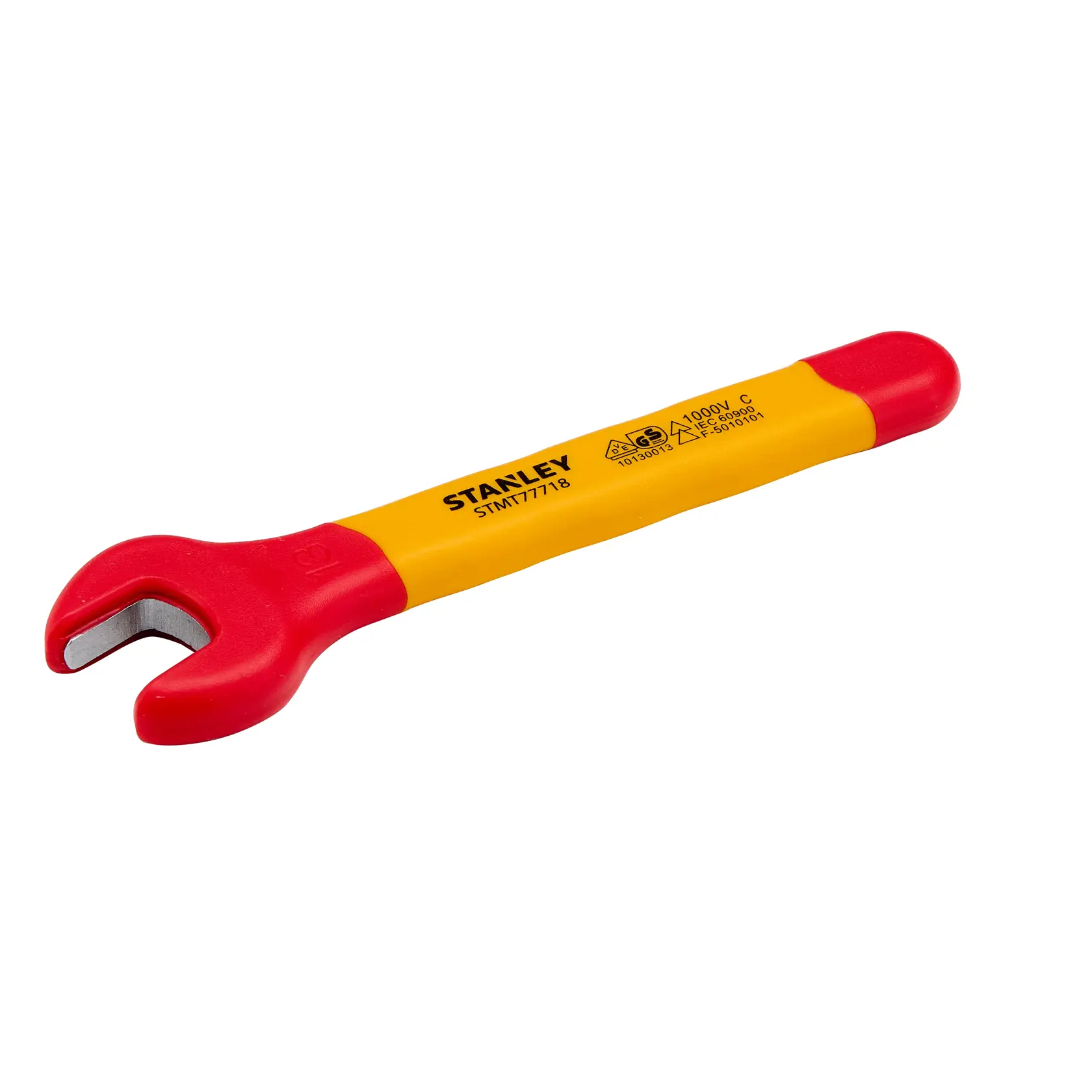 Llave de boca aislada STANLEY STMT77718-LA con mango rojo y amarillo, vista lateral izquierda, sobre fondo blanco.