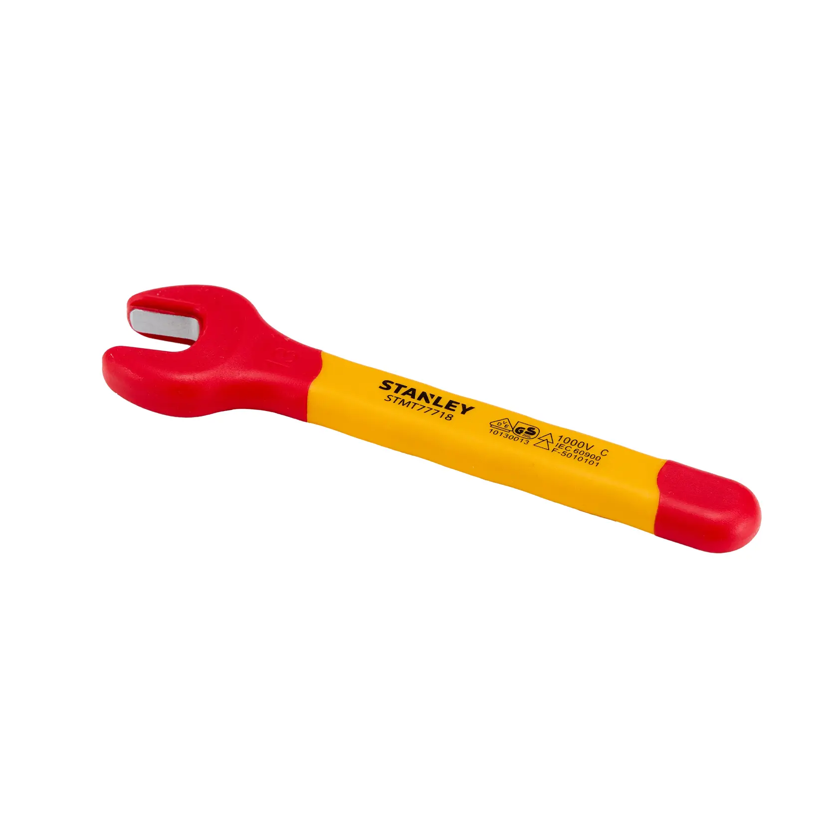 Llave de boca aislada STANLEY STMT77718-LA, roja y amarilla, vista superior, herramienta manual sobre fondo blanco.