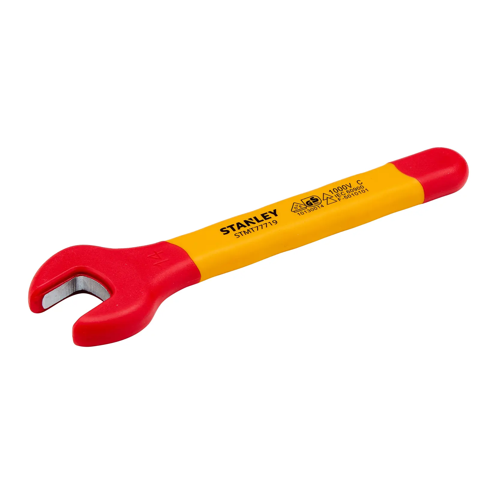 Llave fija aislada Stanley STMT77719-LA, mango rojo y amarillo, vista lateral del producto sobre fondo blanco.