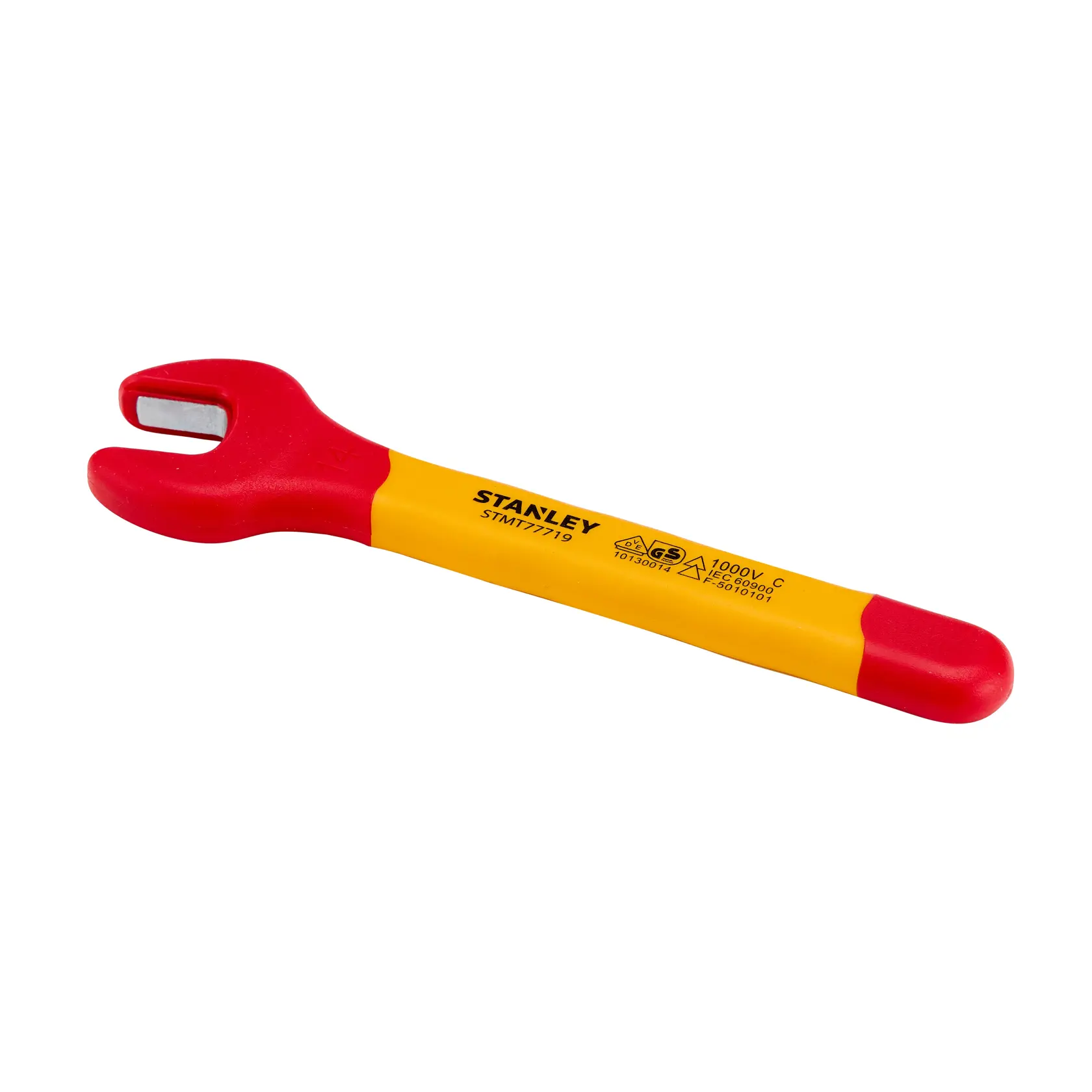 Llave de boca aislada STANLEY STMT77719-LA con mango rojo y amarillo, vista lateral sobre fondo blanco.