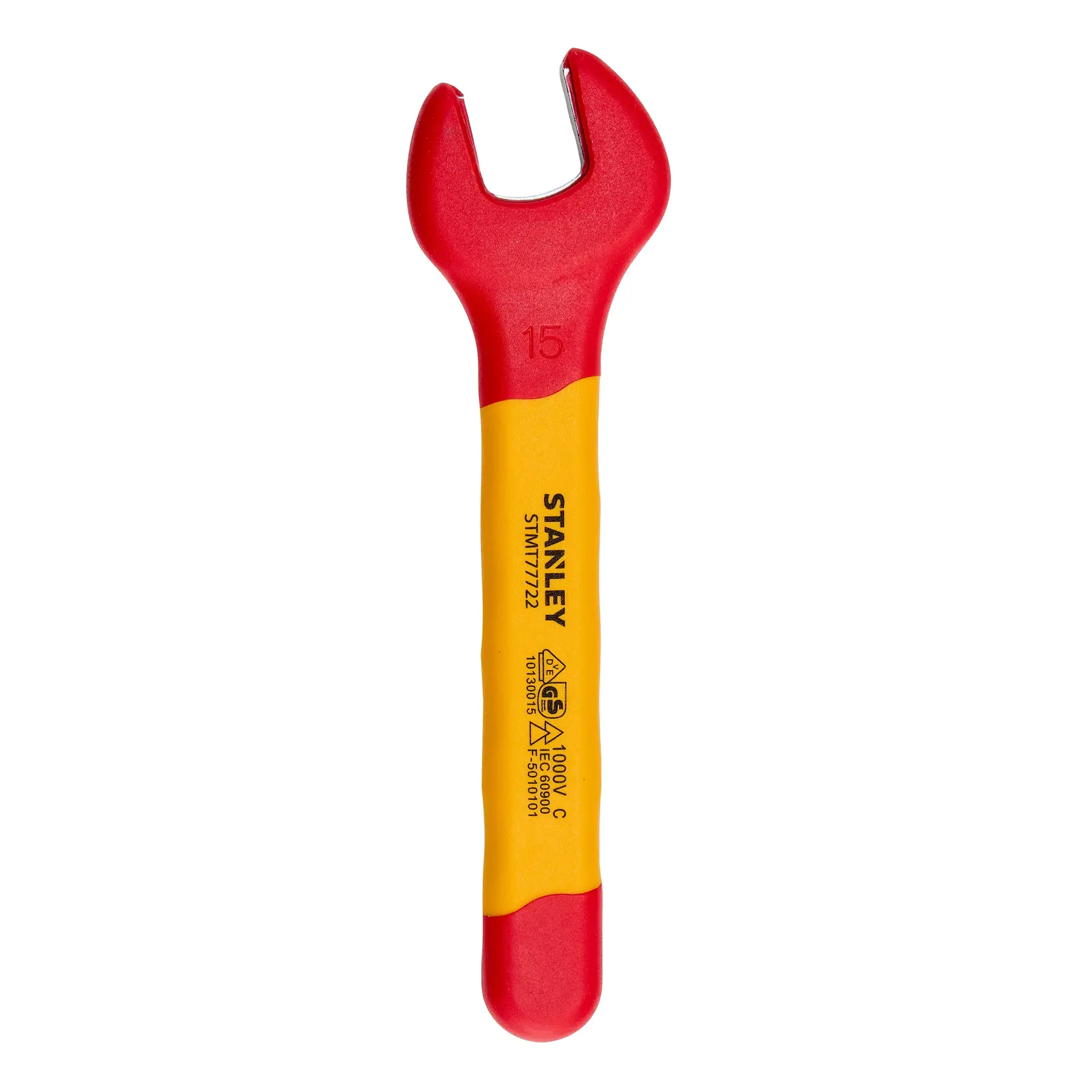 Llave de boca aislada STANLEY STMT77722-LA, roja y amarilla, fotografía sobre fondo blanco, vista frontal.