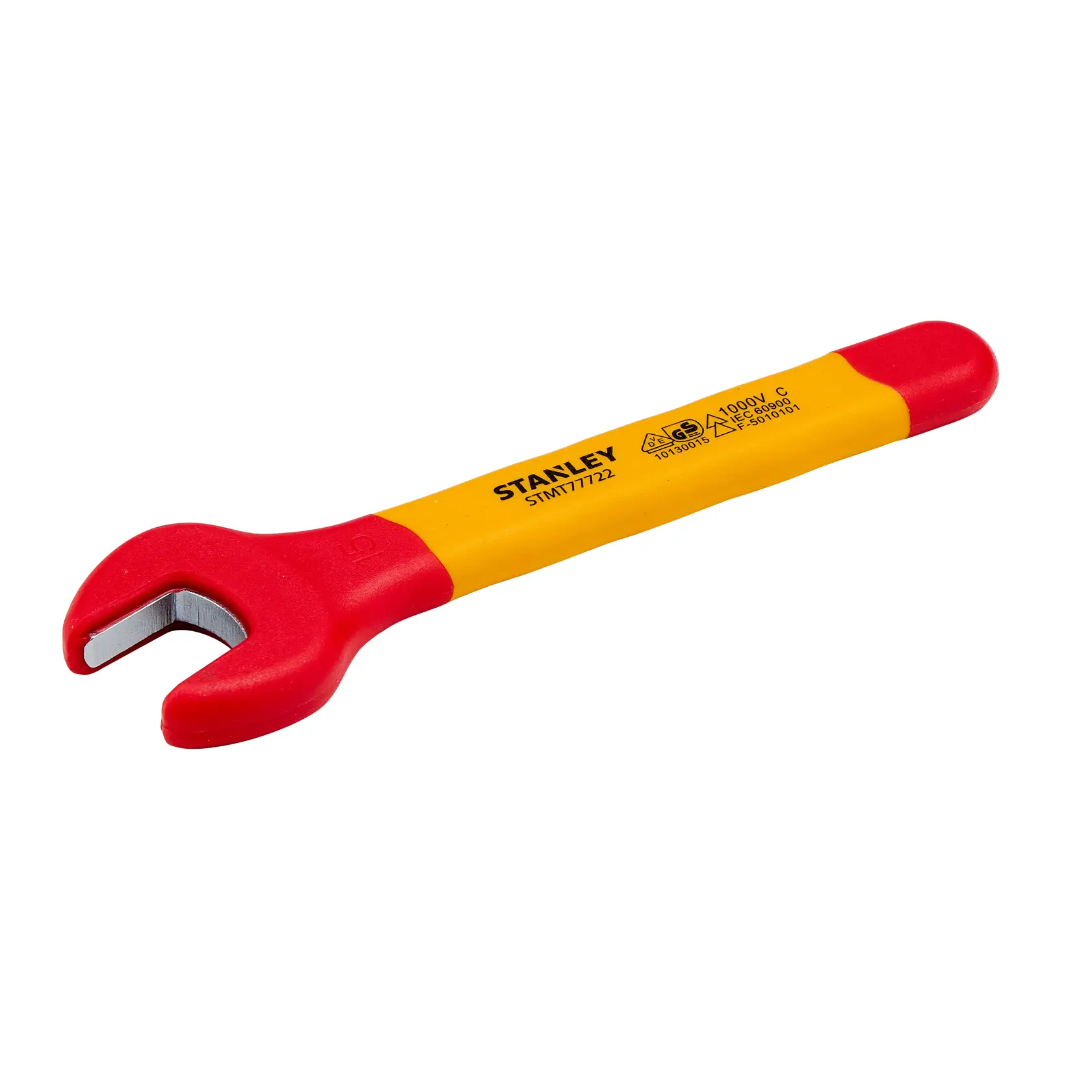 Llave aislada Stanley STMT77722, mango rojo y amarillo, categoría herramienta, foto de ángulo lateral.