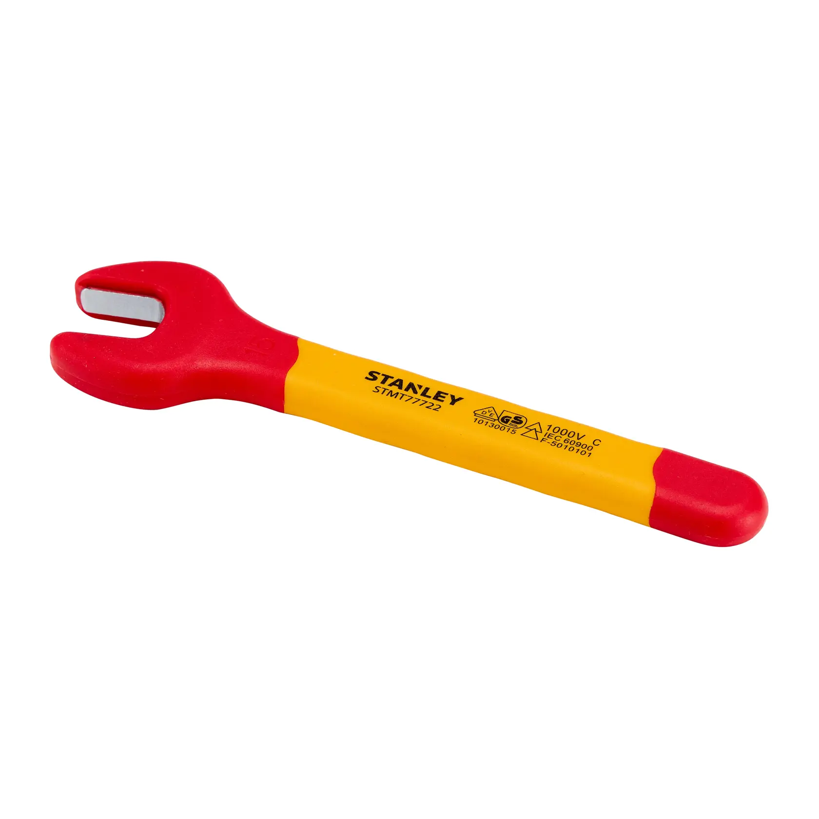 Llave de boca aislada STANLEY STMT77722-LA, mango rojo y amarillo, vista lateral sobre fondo blanco.