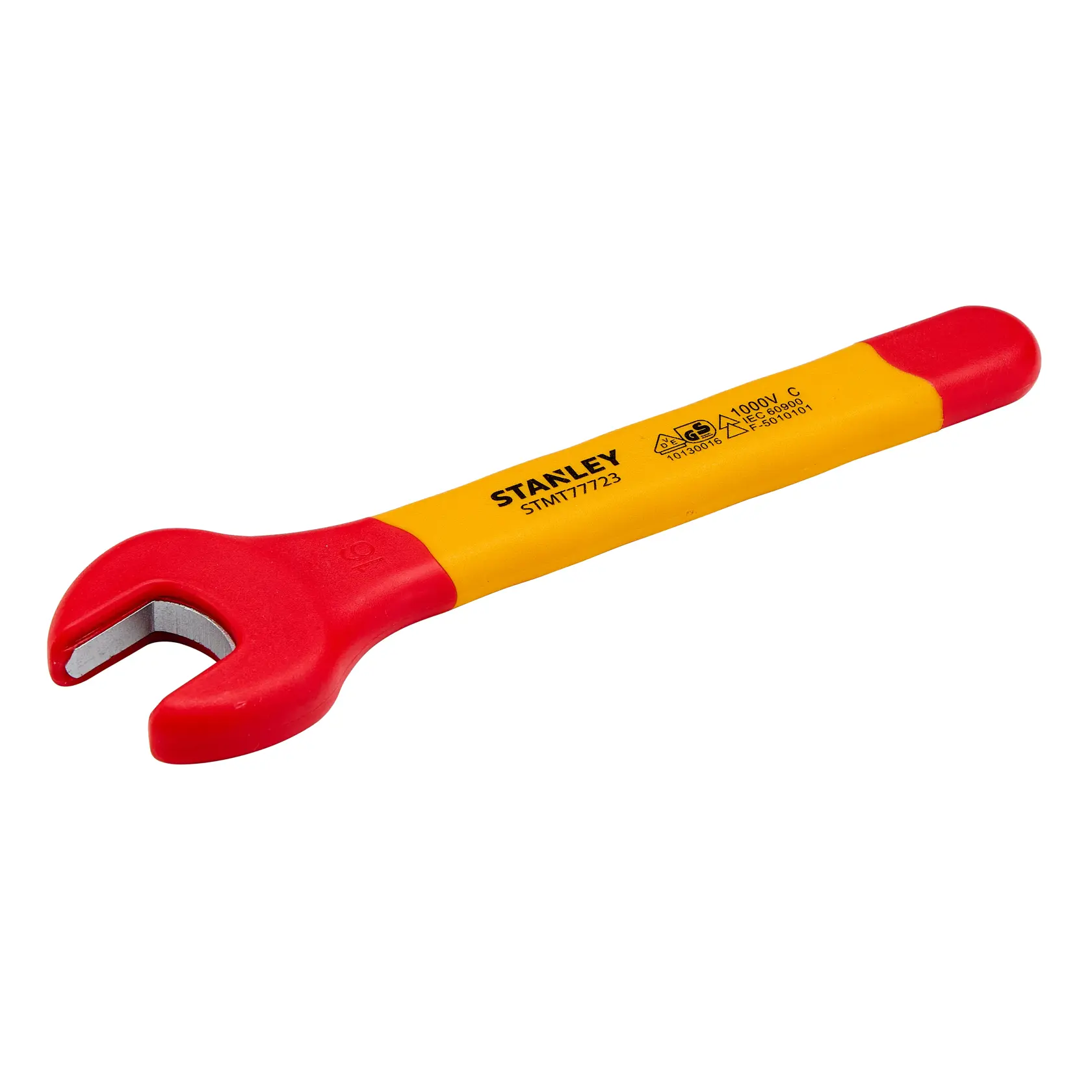 Llave fija aislada STANLEY STMT77723-LA con mango rojo y amarillo, vista frontal sobre fondo blanco.
