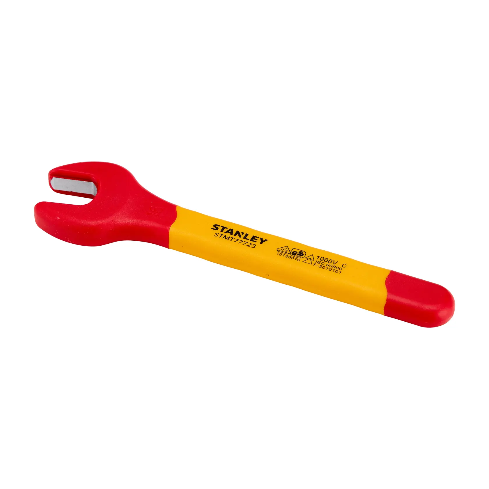 Llave de boca aislada Stanley STMT77723-LA, amarilla y roja, categoría de llaves, vista en ángulo.