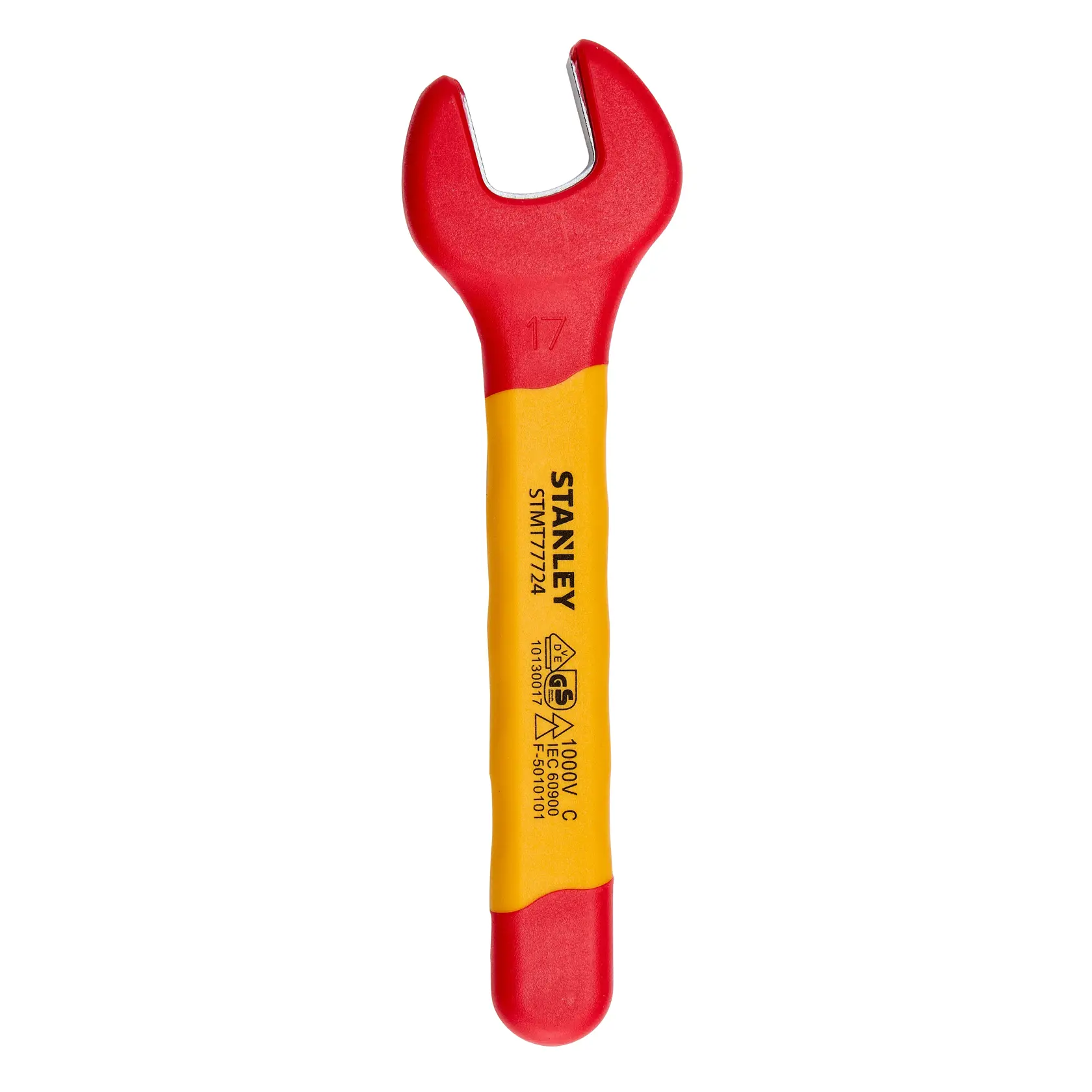 Llave de boca aislada STANLEY STMT77724-LA, mango rojo y amarillo, fotografía desde arriba sobre fondo blanco.