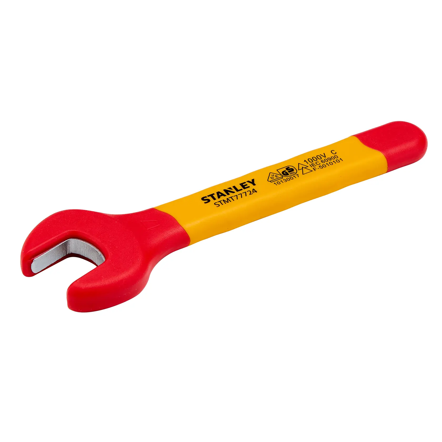 Llave de boca aislada STANLEY STMT77724, mango rojo y amarillo, fotografía de producto sobre fondo blanco.
