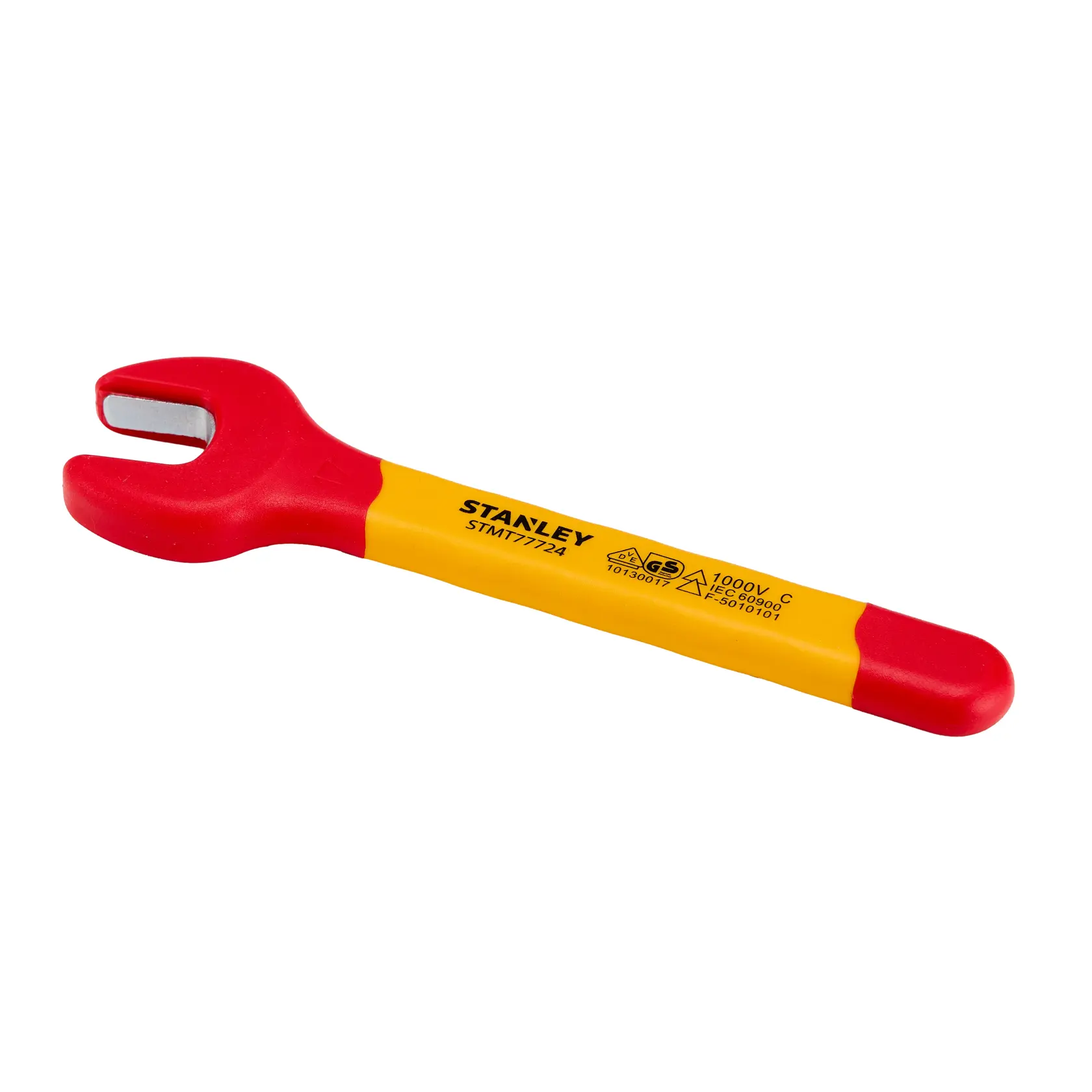 Llave de boca aislada STANLEY STMT77724-LA, mango rojo y amarillo, vista lateral sobre fondo blanco.