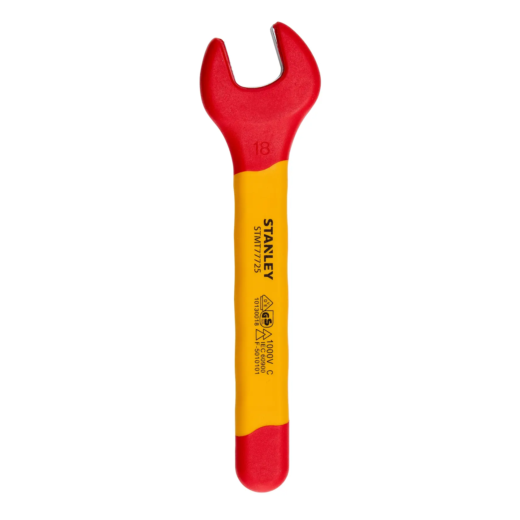 Llave de boca aislada STANLEY STMT77725-LA, roja y amarilla, fotografía, vista superior, fondo blanco.