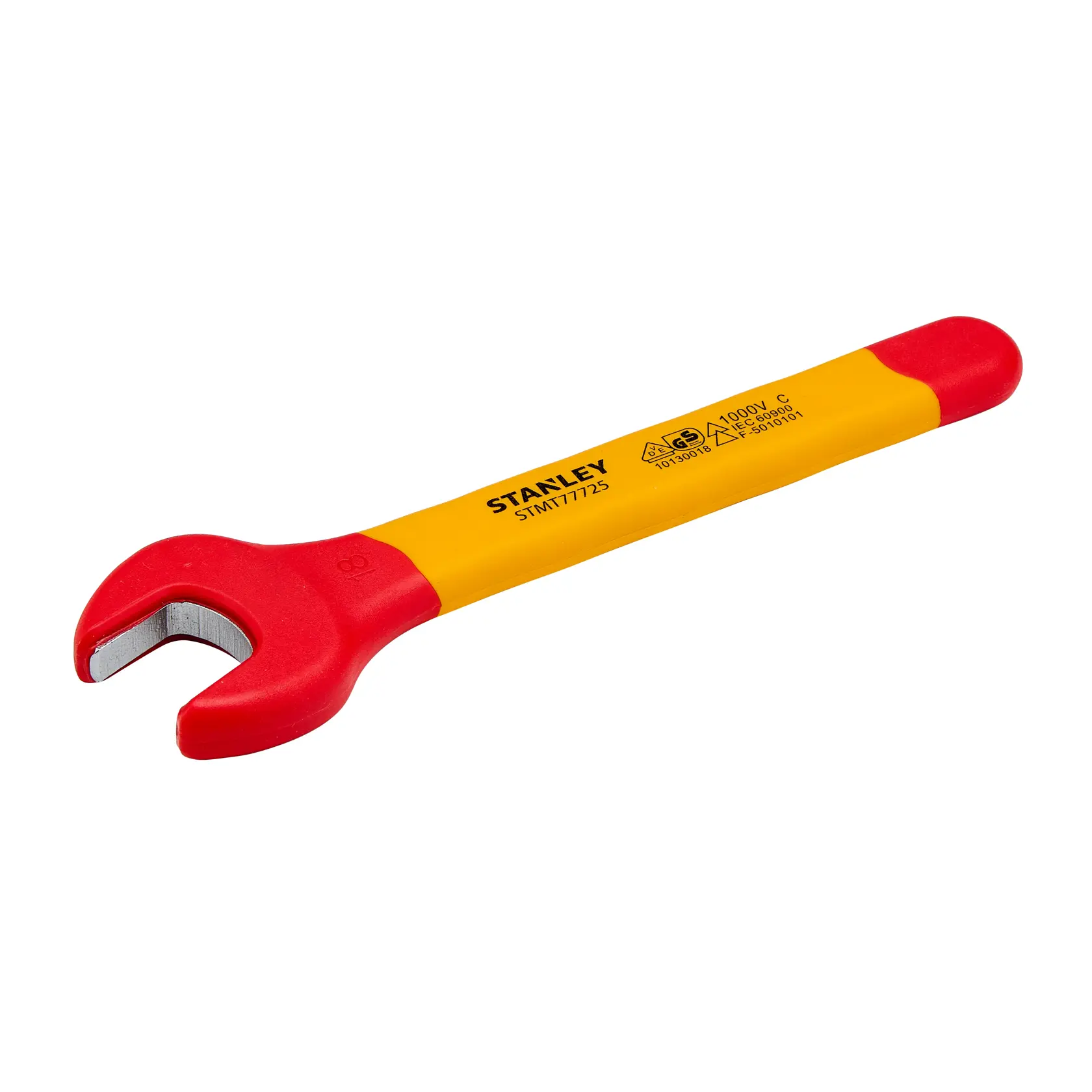 Llave de boca aislada STANLEY STMT77725-LA con mango rojo y amarillo, fotografía sobre fondo blanco.