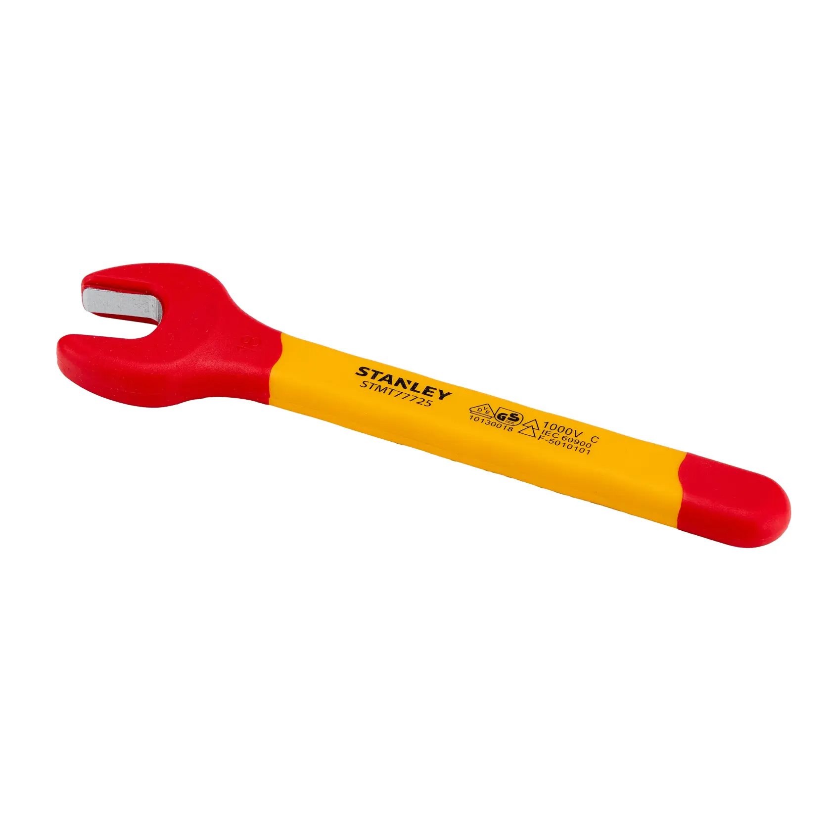 Llave de boca aislada STANLEY STMT77725-LA, mango rojo y amarillo, vista lateral izquierda, fondo blanco.