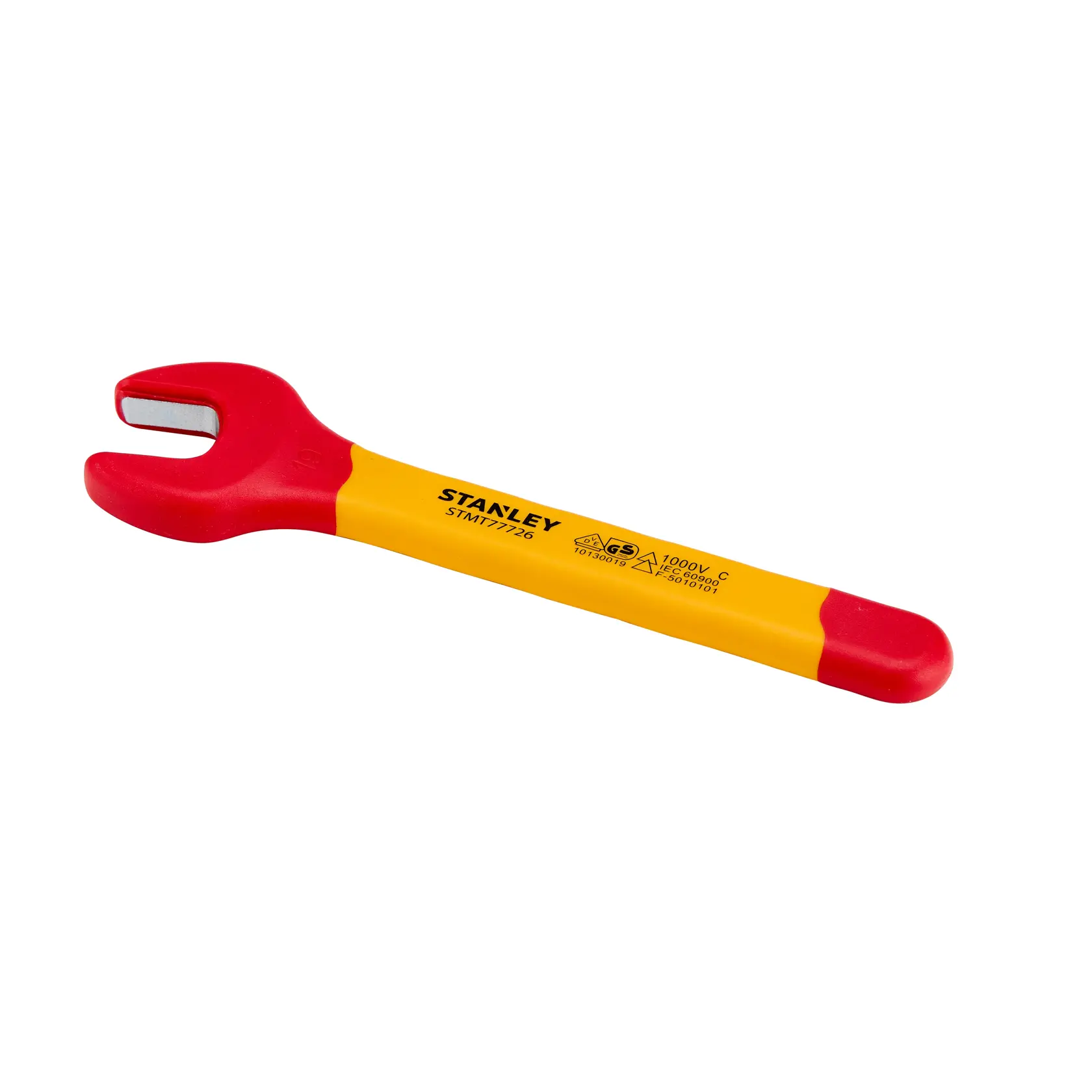 Llave de boca aislada STANLEY STMT77726-LA, mango amarillo con detalles rojos, foto desde arriba.