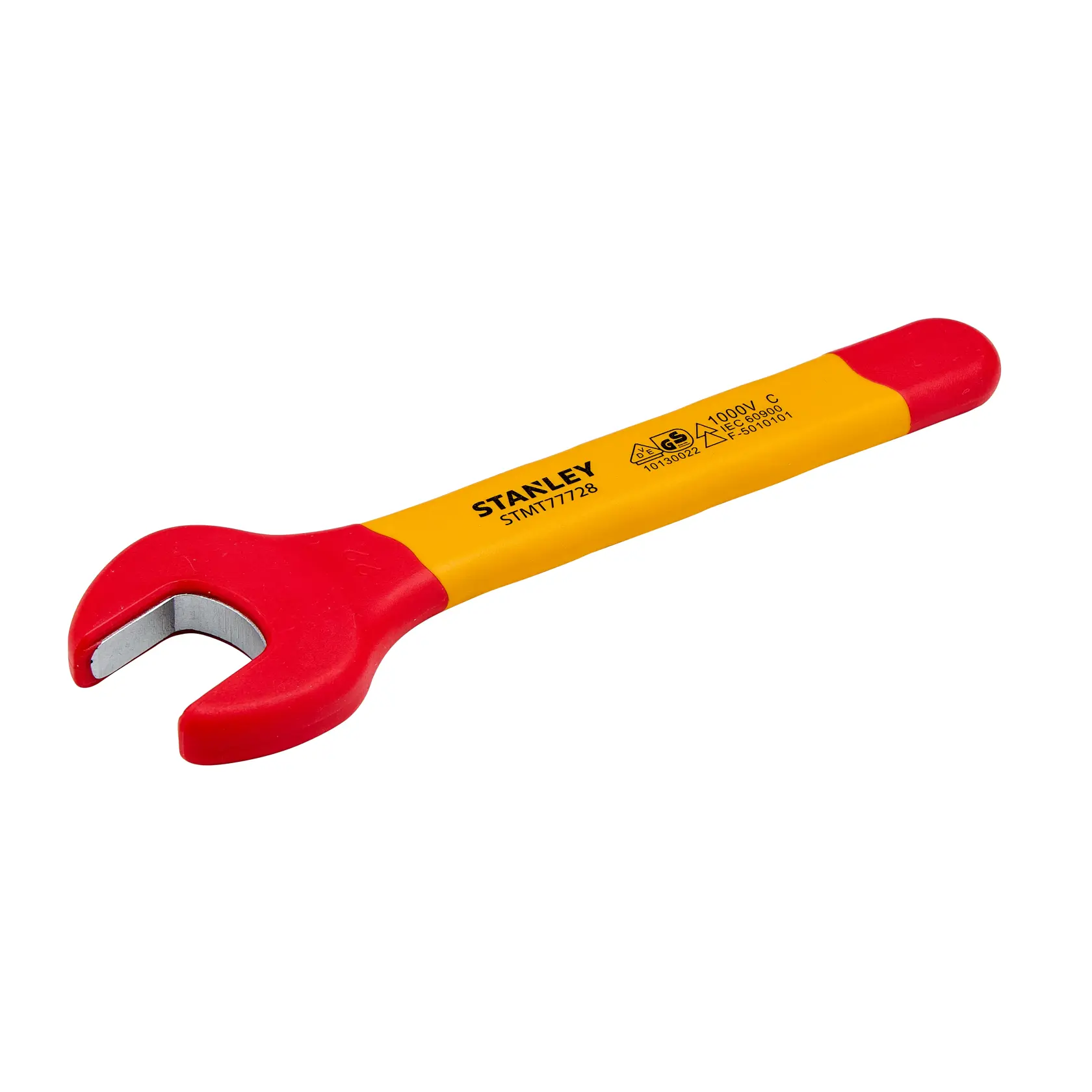 Llave de boca aislada STANLEY STMT77728-LA con mango rojo y amarillo, en ángulo a la derecha sobre fondo blanco.