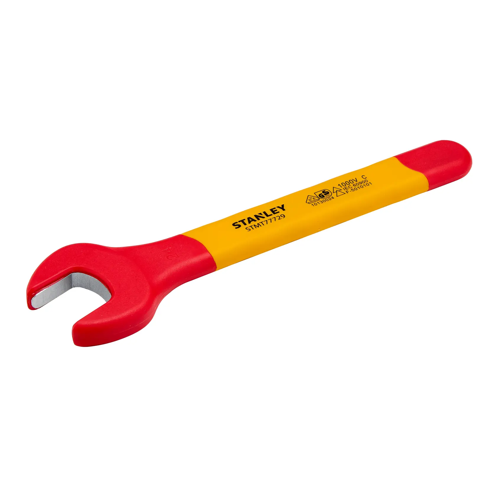 Llave fija aislada STANLEY STMT77729 con mango rojo y amarillo, fotografía de producto sobre fondo blanco.