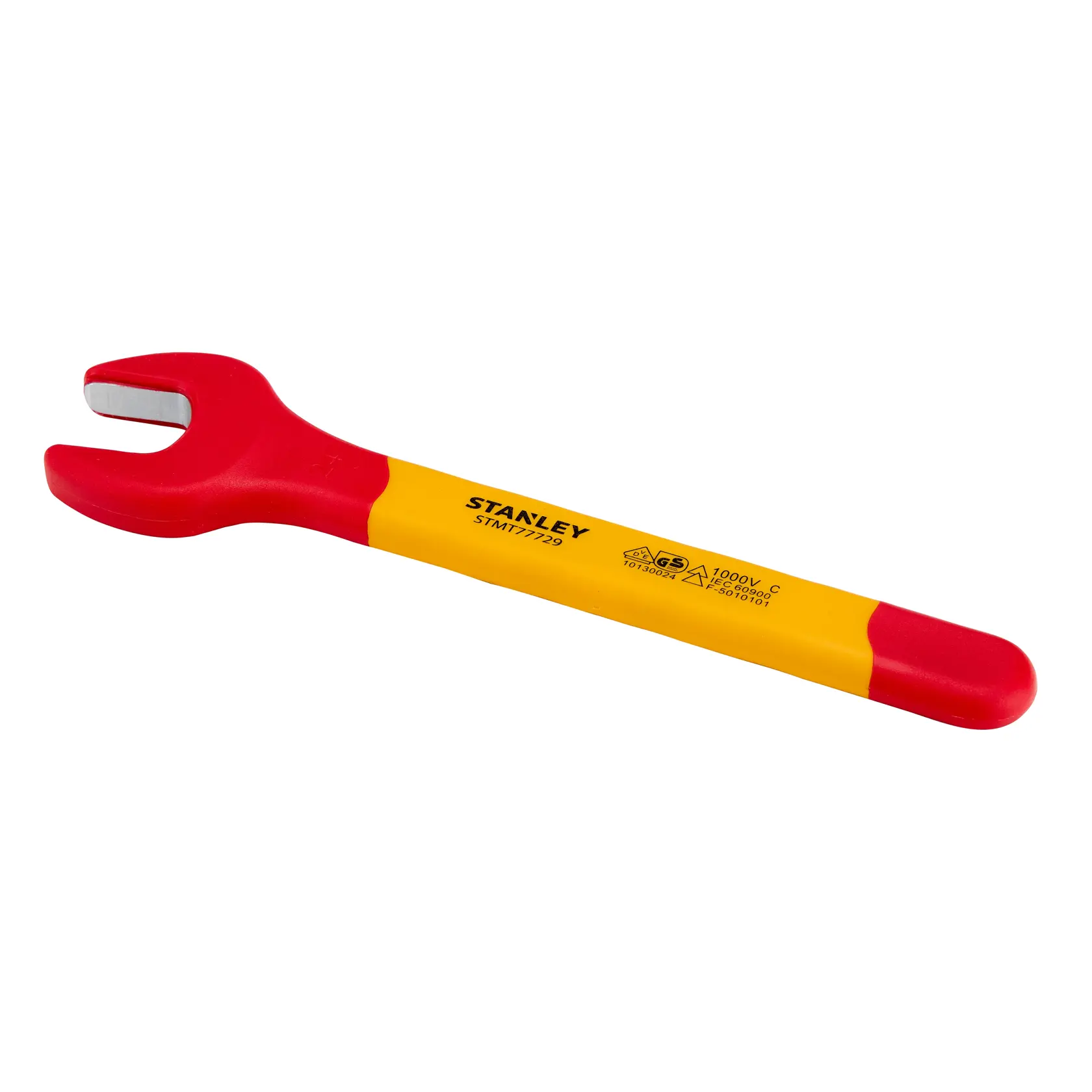 Llave de boca aislada STANLEY STMT77729-LA, mango amarillo y rojo, vista lateral izquierda, fondo blanco.