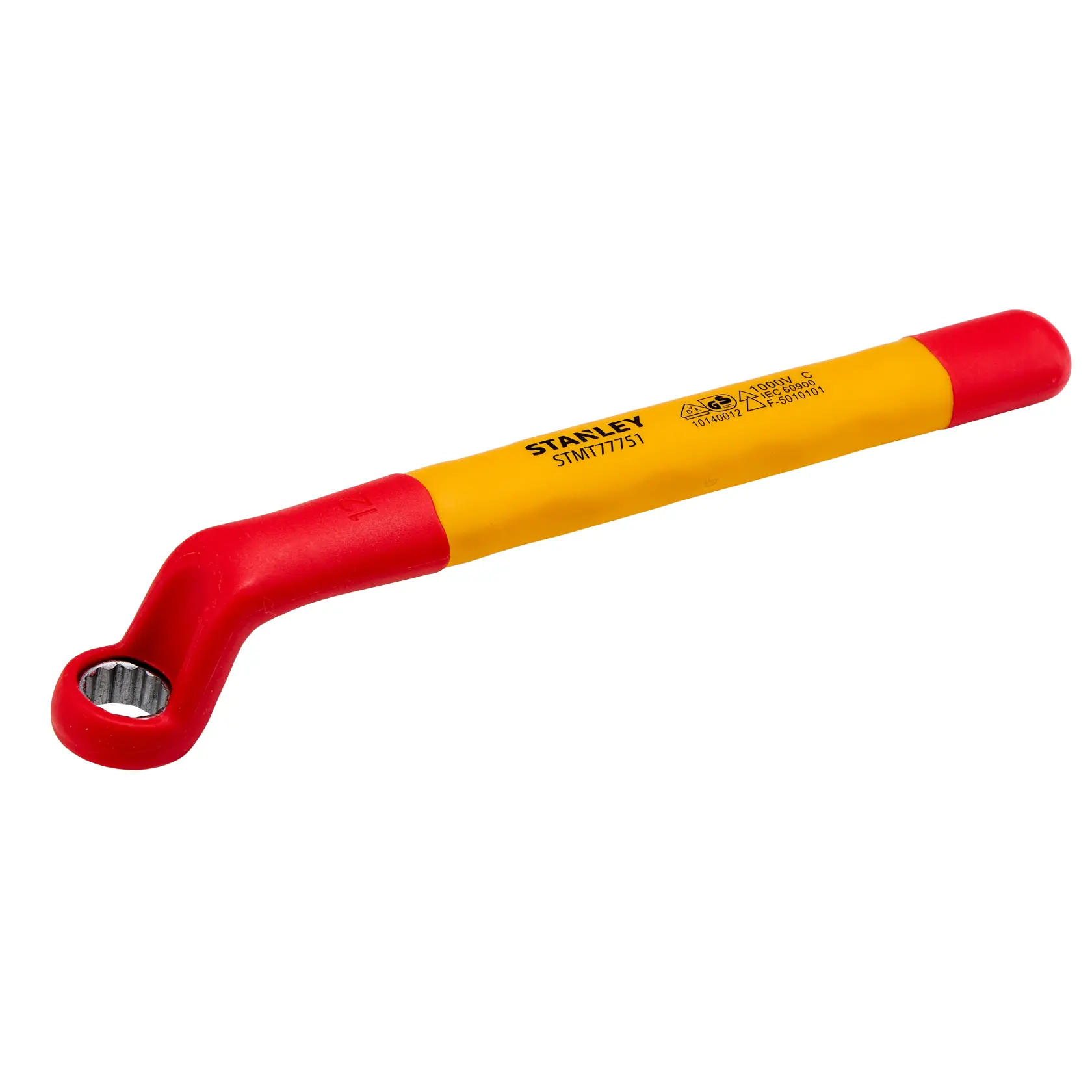 Llave de estrella aislada STANLEY STMT77751 con mango rojo y amarillo, ángulo del producto sobre fondo blanco.
