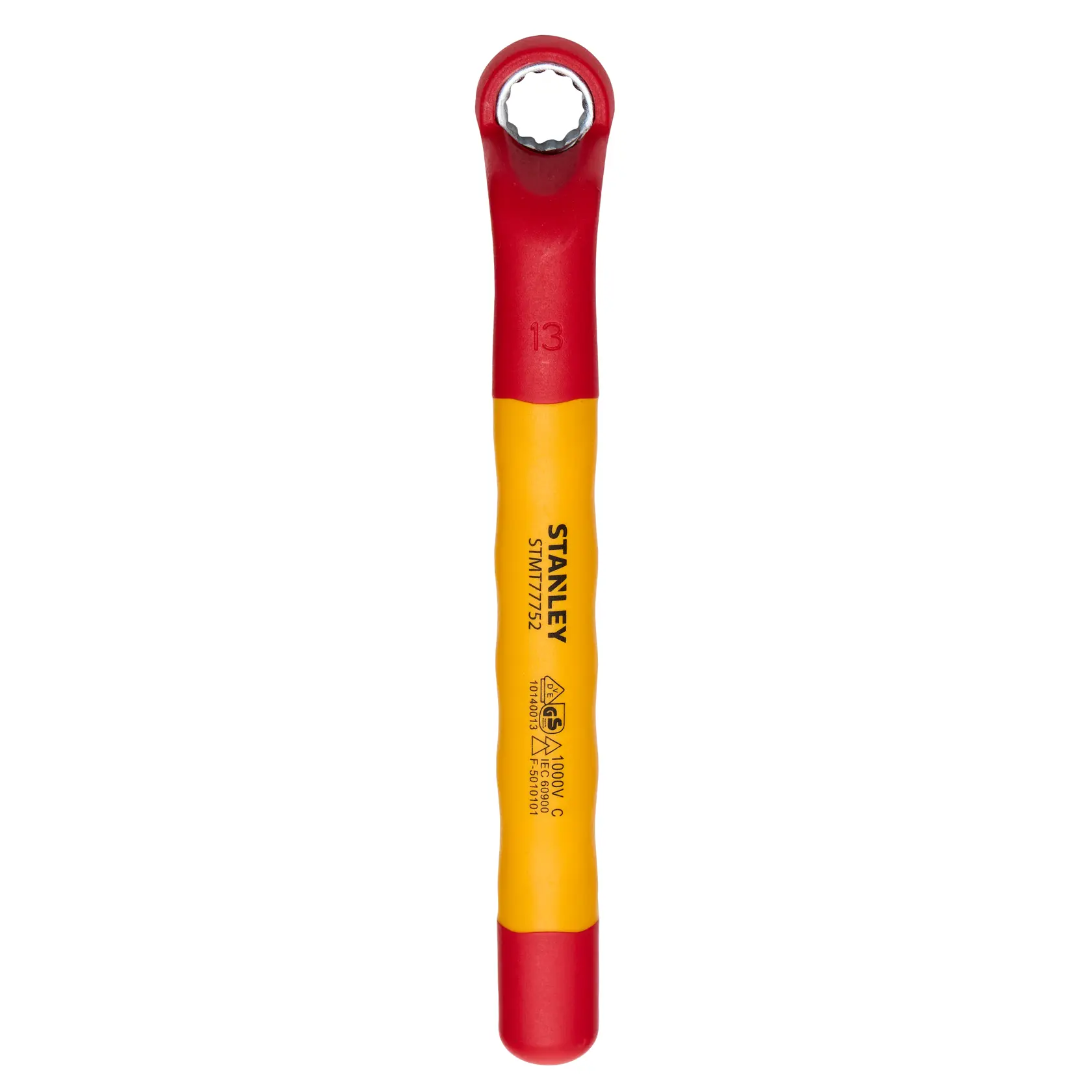 Llave de estrella aislada STANLEY STMT77752-LA, mango rojo y amarillo, vista frontal, fondo blanco.