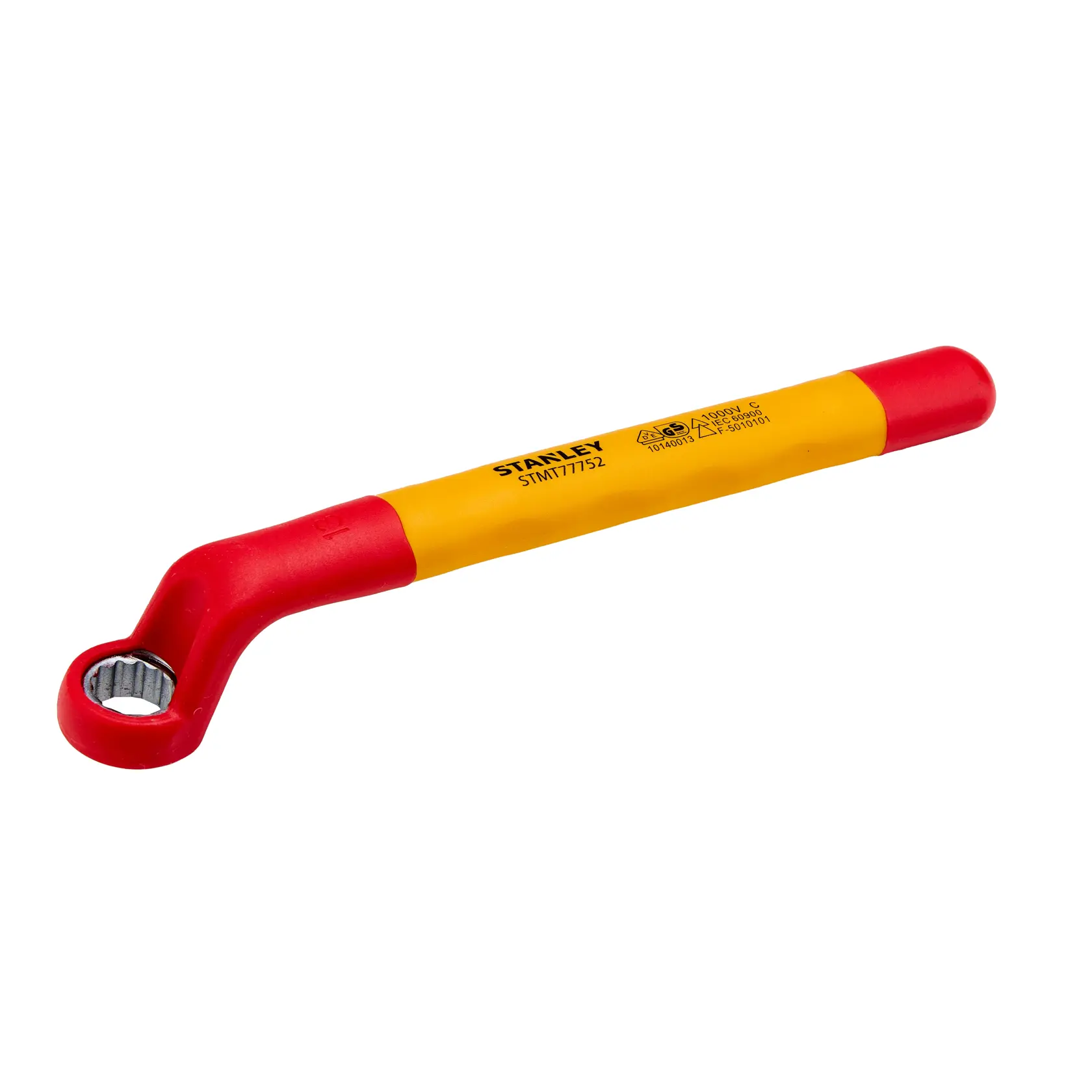 Llave de estrella aislada STANLEY STMT77752-LA, mango amarillo y rojo, vista en ángulo, fondo blanco.