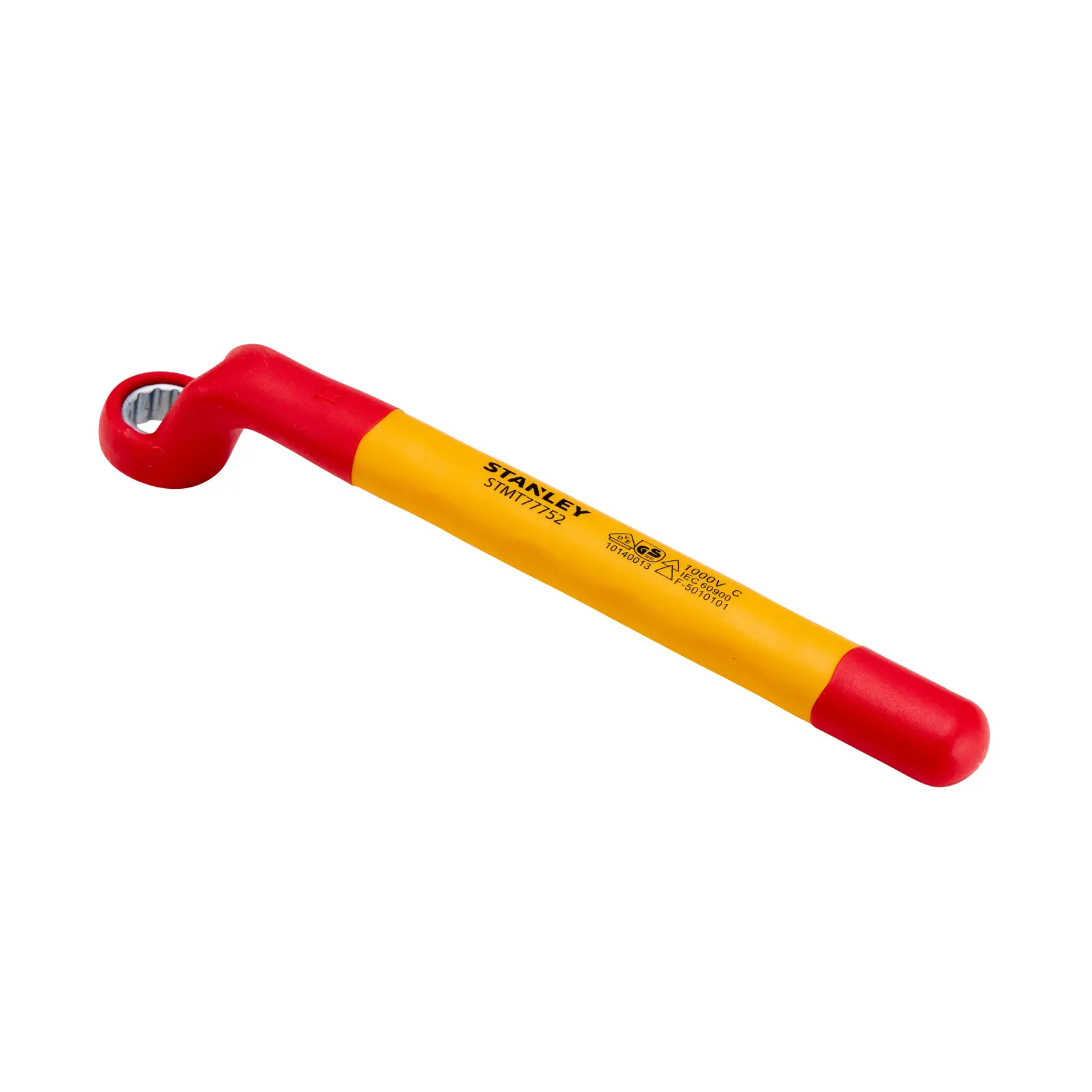Llave de cubo con carraca aislada STANLEY STMT77752-LA, mango amarillo y rojo, ángulo lateral, fotografía.