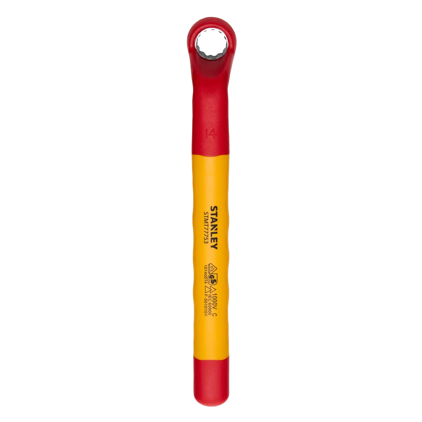 LLave de estrella aislada STANLEY STMT77753-LA, roja y amarilla, vista recta sobre fondo blanco.