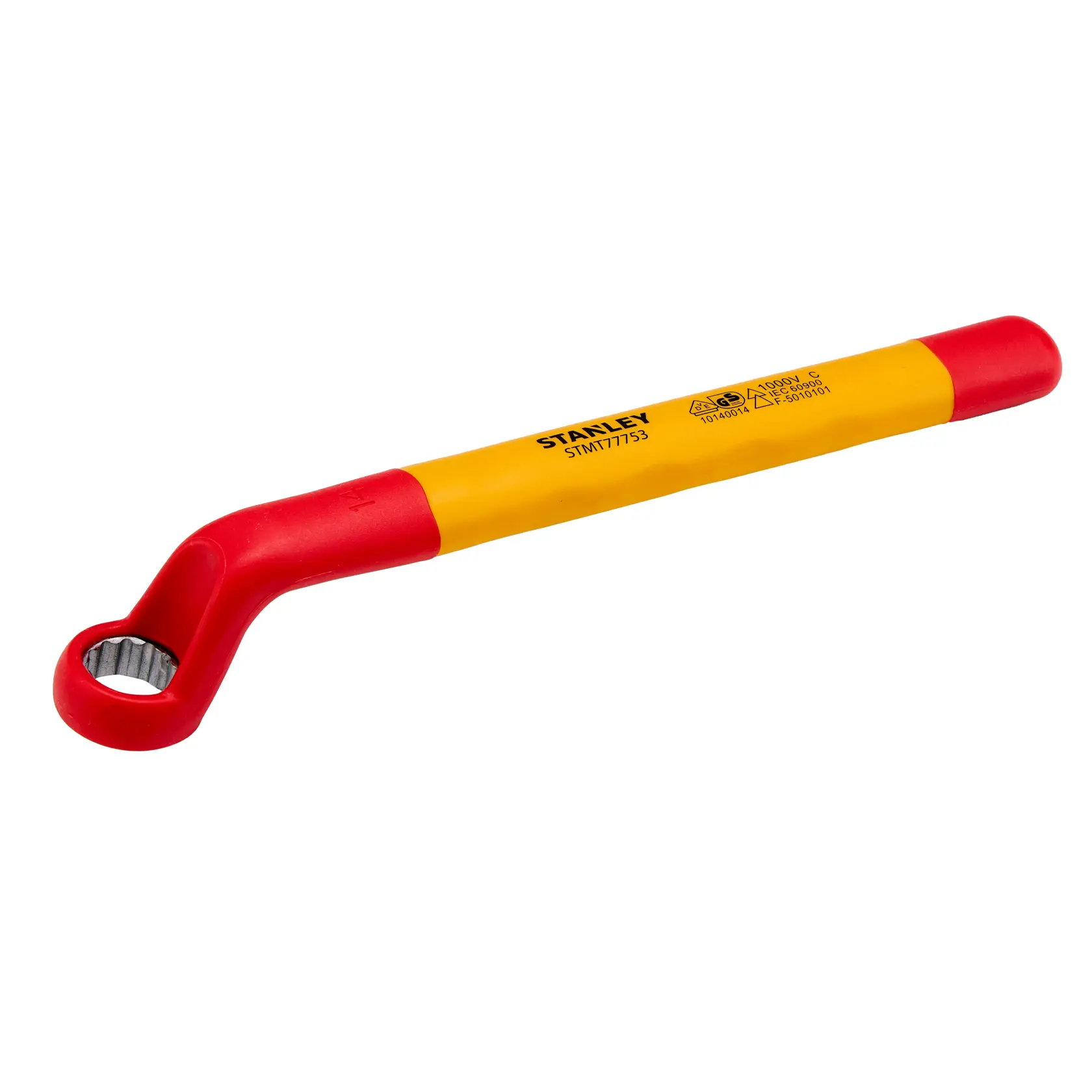 Llave de estrella acodada aislada STANLEY STMT77753-LA, mango amarillo y rojo, ángulo lateral sobre fondo blanco.