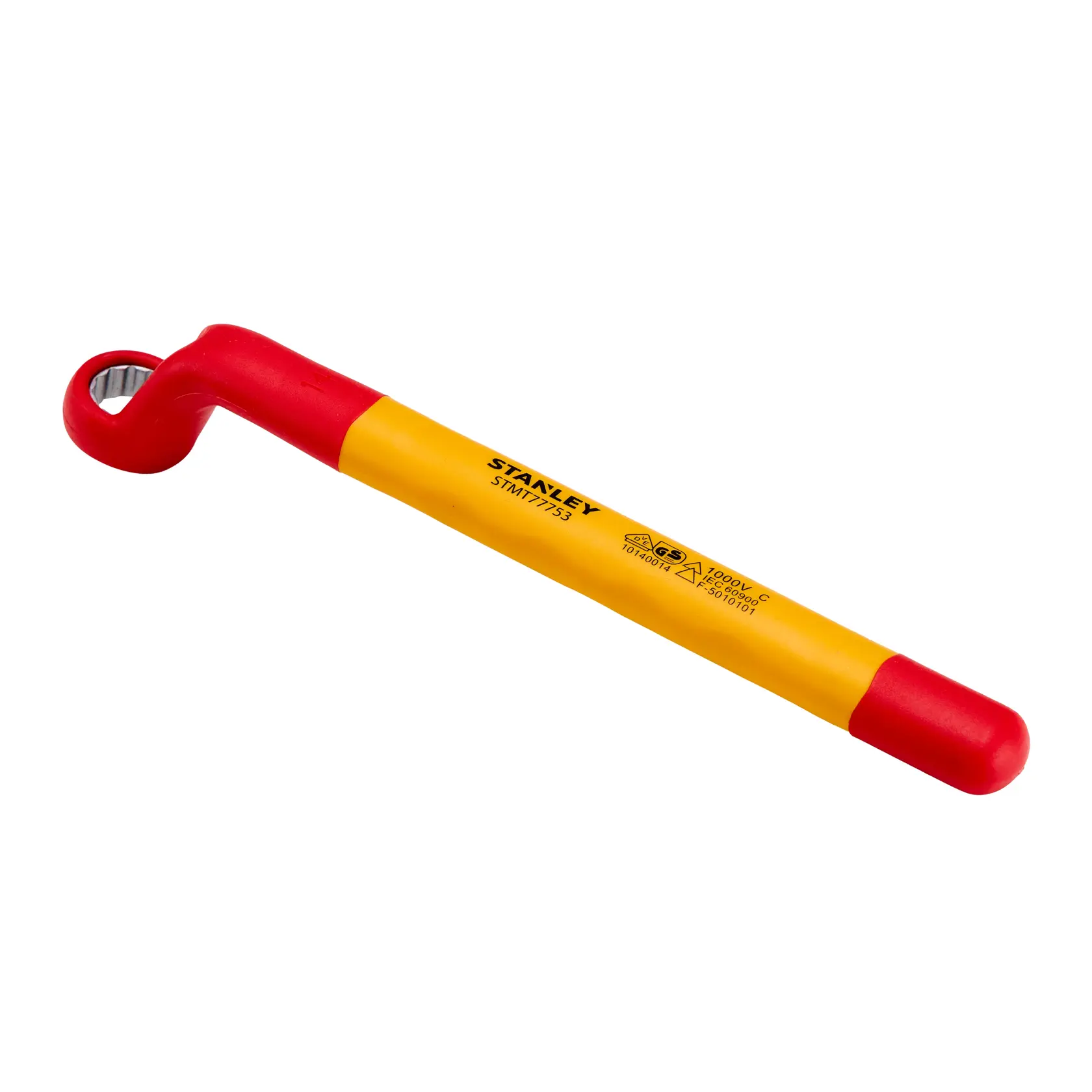STANLEY STMT77753-LA llave de corona aislada, amarilla y roja, vista en ángulo, sobre fondo blanco.