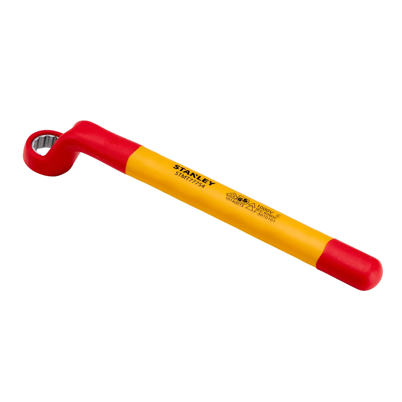 Llave de estrella aislada STANLEY STMT77754-LA, mango amarillo y rojo, vista lateral en ángulo sobre fondo blanco.