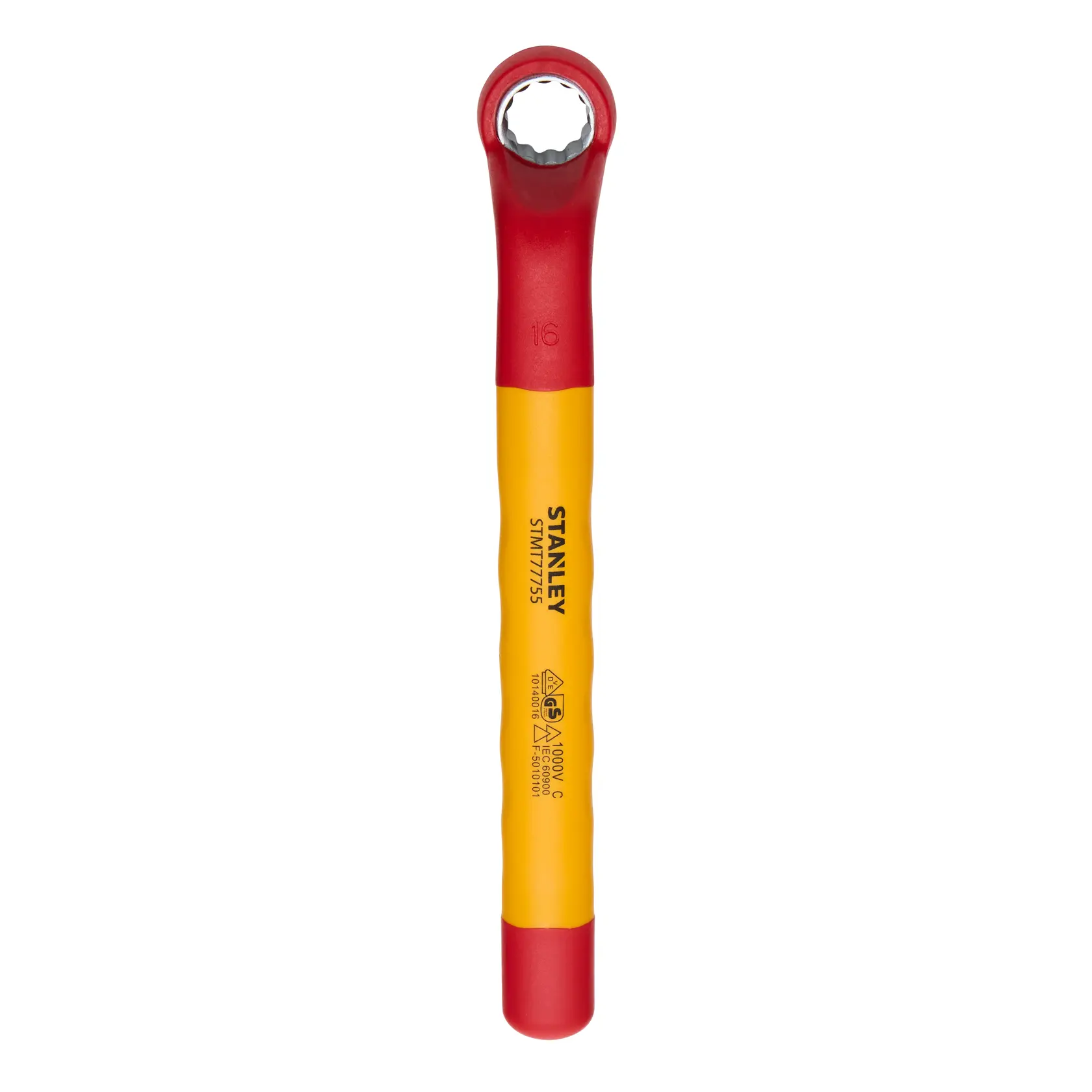 Llave de estrella aislada STANLEY STMT77755-LA, amarilla y roja, vista superior, fondo blanco.
