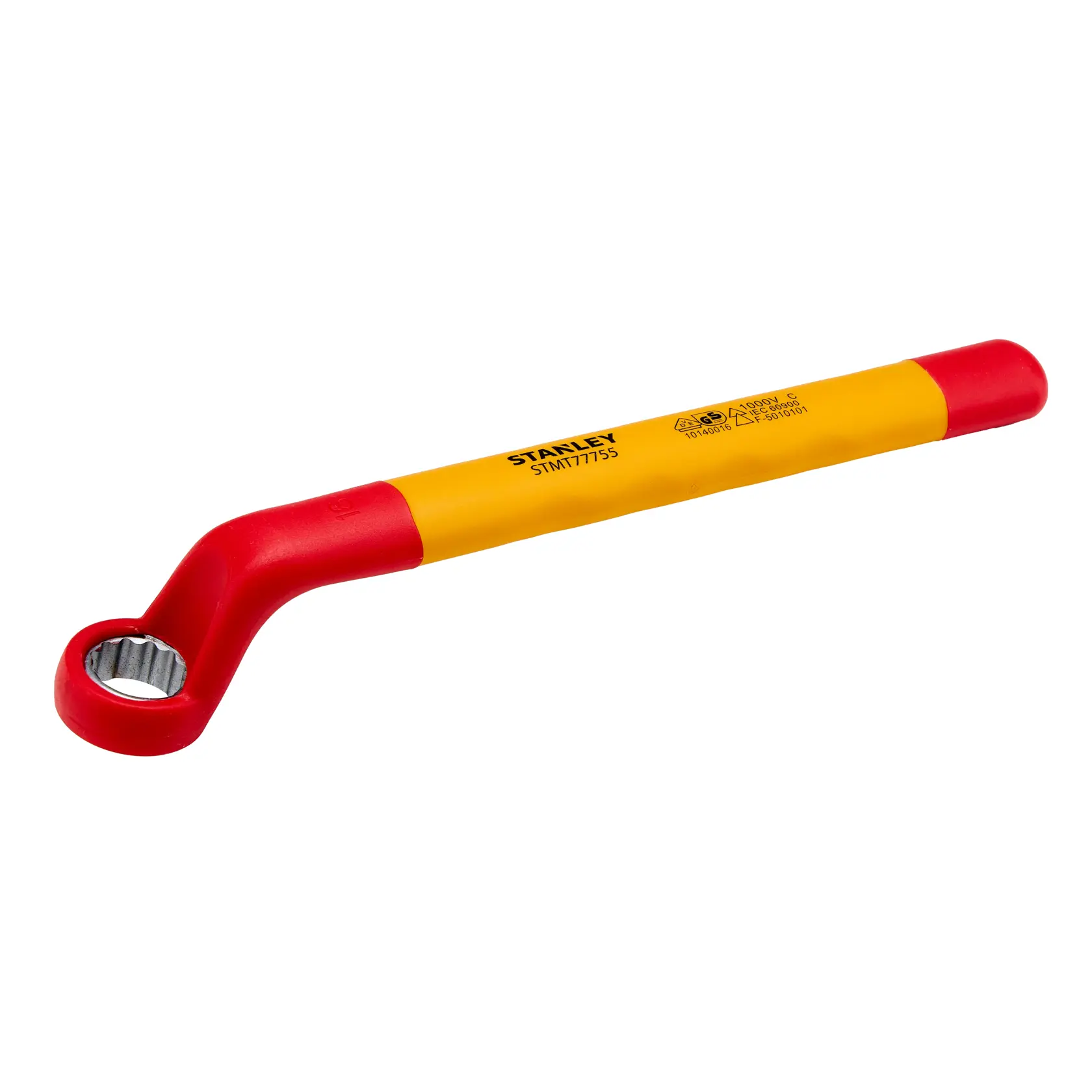 Llave de estrella aislada STANLEY STMT77755-LA amarilla y roja, mango angulado, fotografía del producto sobre fondo blanco.