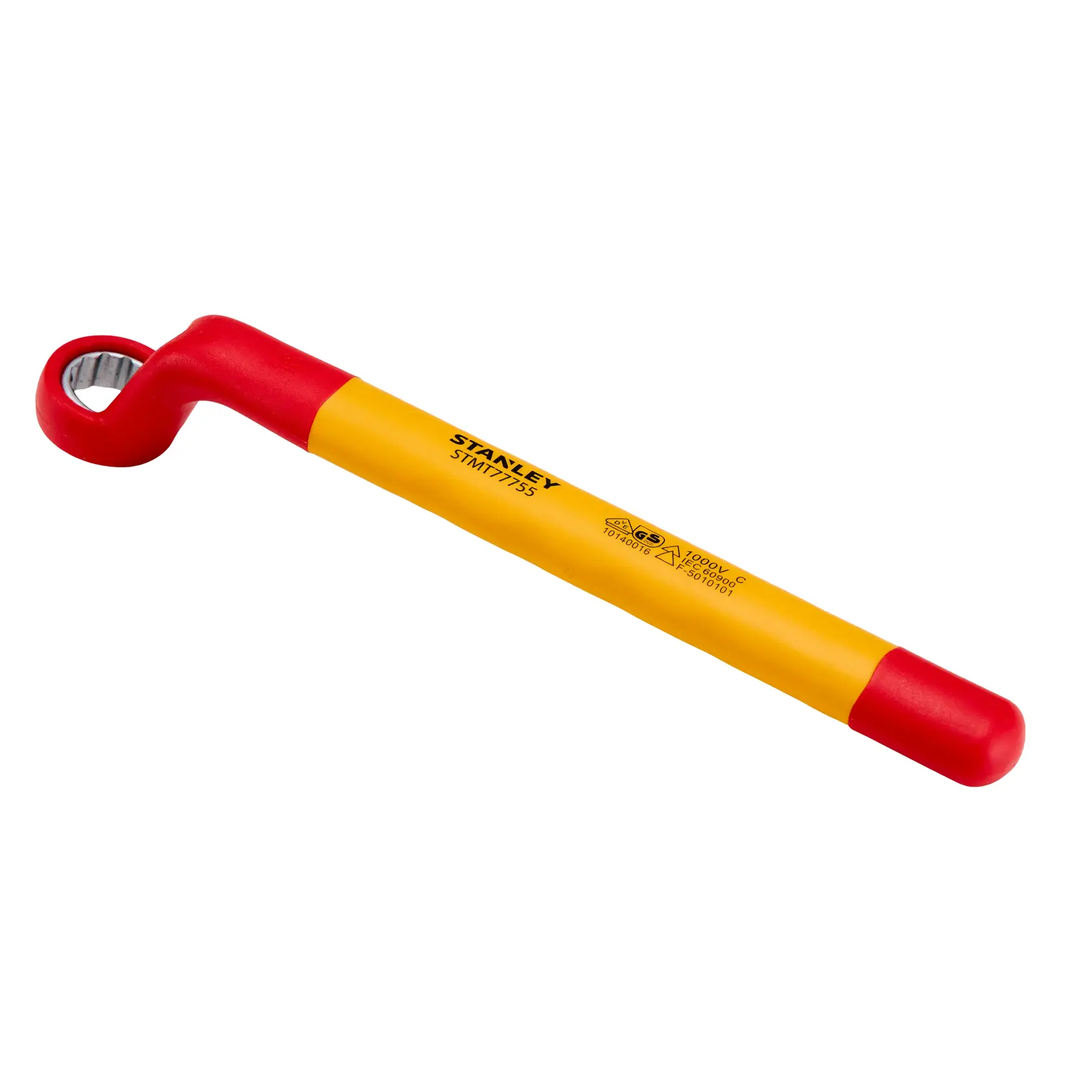 Llave de anillo aislada STANLEY STMT77755-LA, mango amarillo y rojo, fotografía en vista angular sobre fondo blanco.