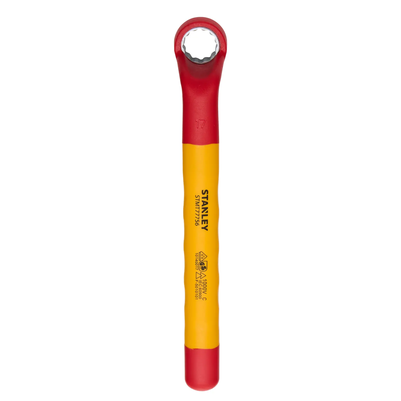 Llave de estrella aislada STANLEY STMT77756-LA, mango amarillo y rojo, vista superior, fondo blanco.